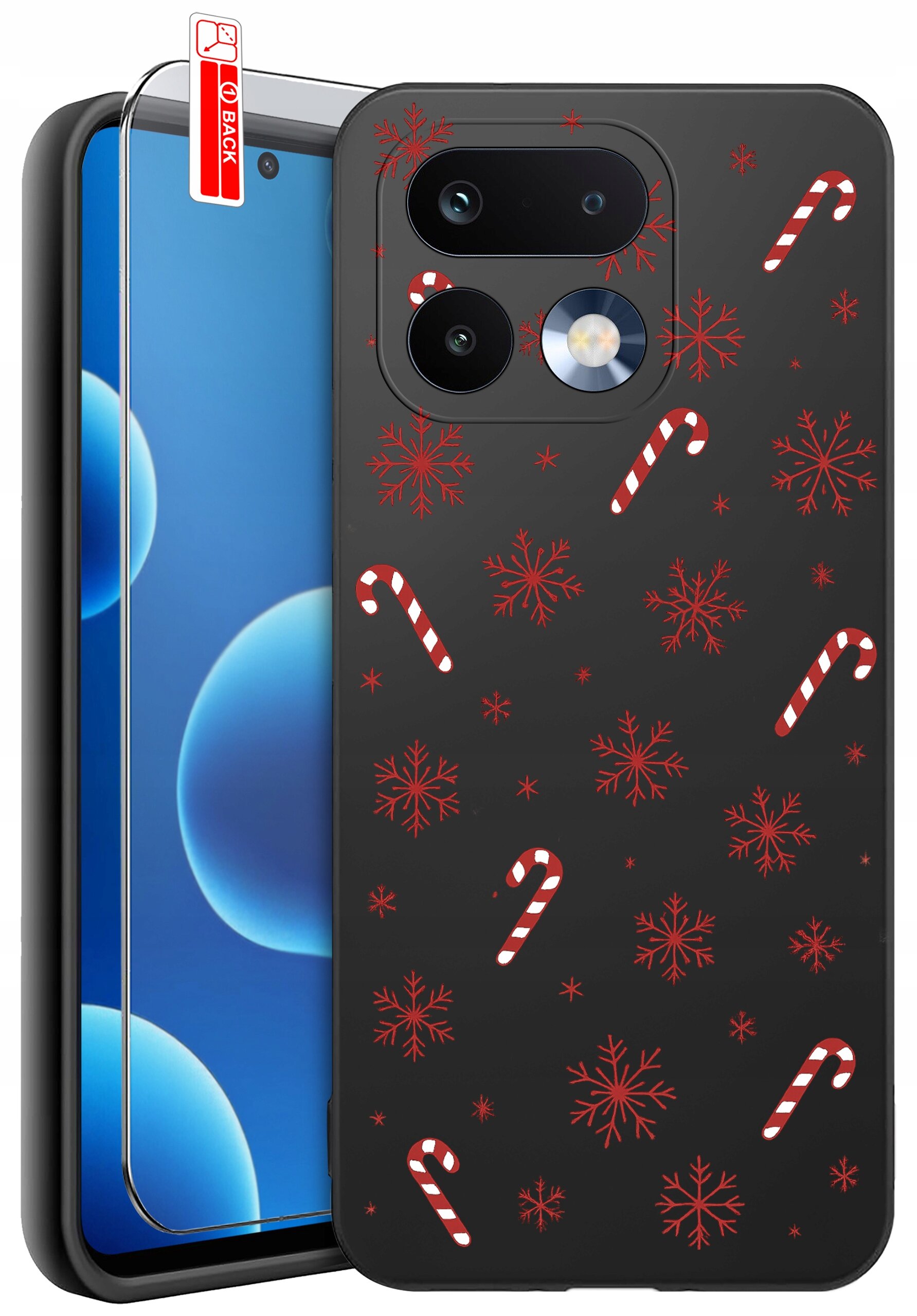 Na obrazie widoczne jest czarne etui na telefon z czerwonymi śnieżynkami i biało-czerwonymi laskami cukrowymi. Obok etui znajduje się szkło ochronne z napisem \'BACK\'.