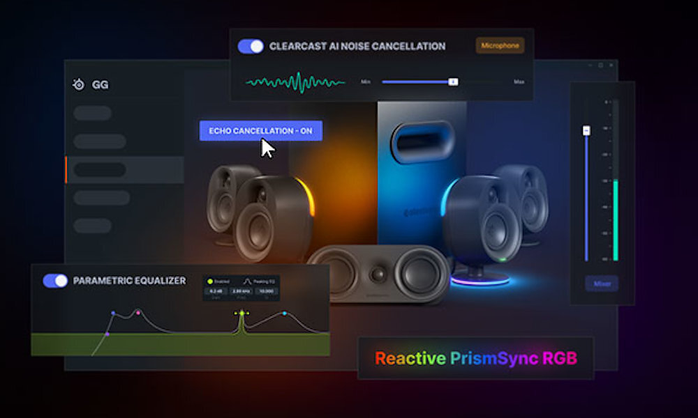 Obraz przedstawia zestaw głośników z funkcjami takimi jak \'CLEARCAST AI NOISE CANCELLATION\', \'ECHO CANCELLATION - ON\', \'PARAMETRIC EQUALIZER\' oraz \'Reactive PrismSync RGB\'. Widoczne są również wizualizacje fal dźwiękowych i suwaków regulacji dźwięku.