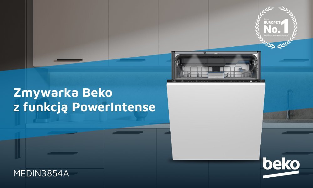Obraz przedstawia zmywarkę Beko z funkcją PowerIntense, umieszczoną w kuchni z szafkami w tle. Na obrazie widoczny jest tekst: \'Zmywarka Beko z funkcją PowerIntense\', \'MEDIN3854A\' oraz logo \'beko\'.