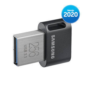 phpMYGI7X samsung-2a5e76f7-e998 (1) kopia Pendrive z metalową obudową, na której widnieje napis \'256 USB 3.1\'. Obok znajduje się niebieska naklejka z napisem \'Wersja 2020\'.