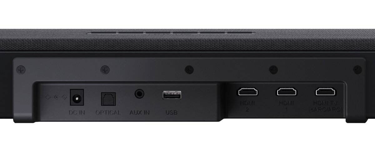 Tył soundbara z widocznymi portami: DC IN, OPTICAL, AUX IN, USB, HDMI 2, HDMI 1, HDMI TV (eARC/ARC).