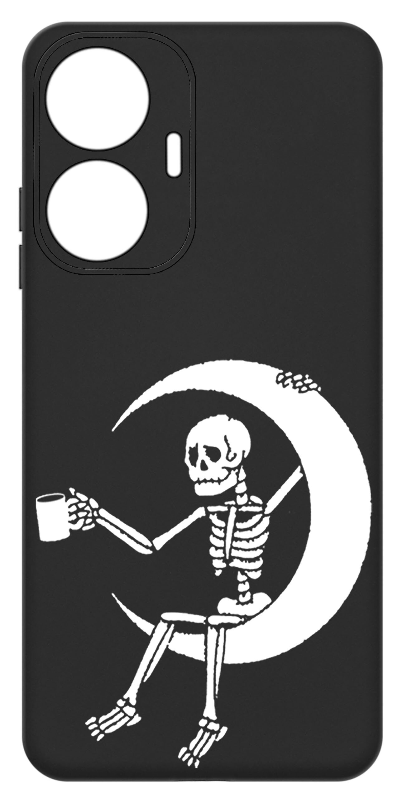 Czarne etui na telefon z nadrukiem białego szkieletu siedzącego na księżycu, trzymającego kubek. Etui ma dwa otwory na aparat i dodatkowy otwór na przycisk.