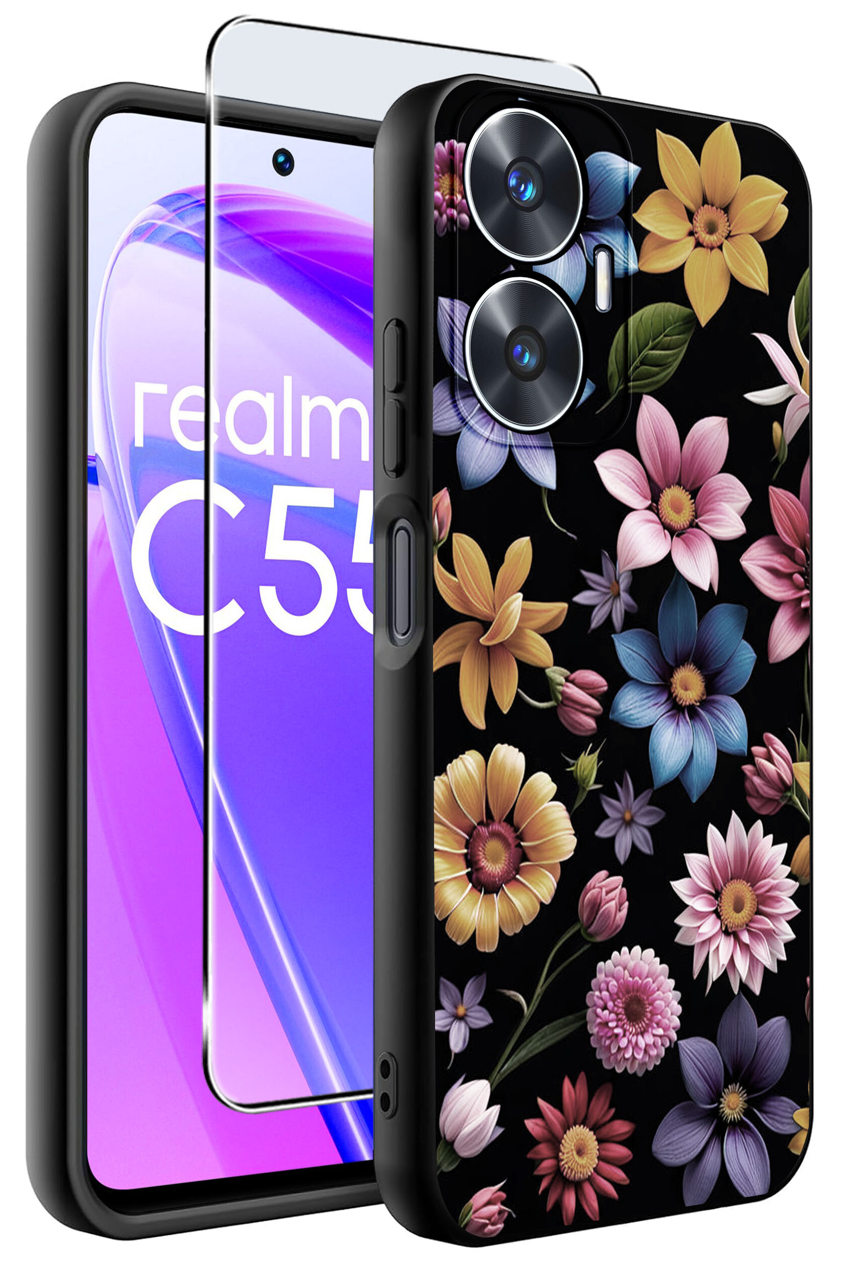 Obraz przedstawia etui na telefon z kolorowym wzorem kwiatowym oraz szkło ochronne. Na ekranie telefonu widoczny jest napis \'realme C55\'.