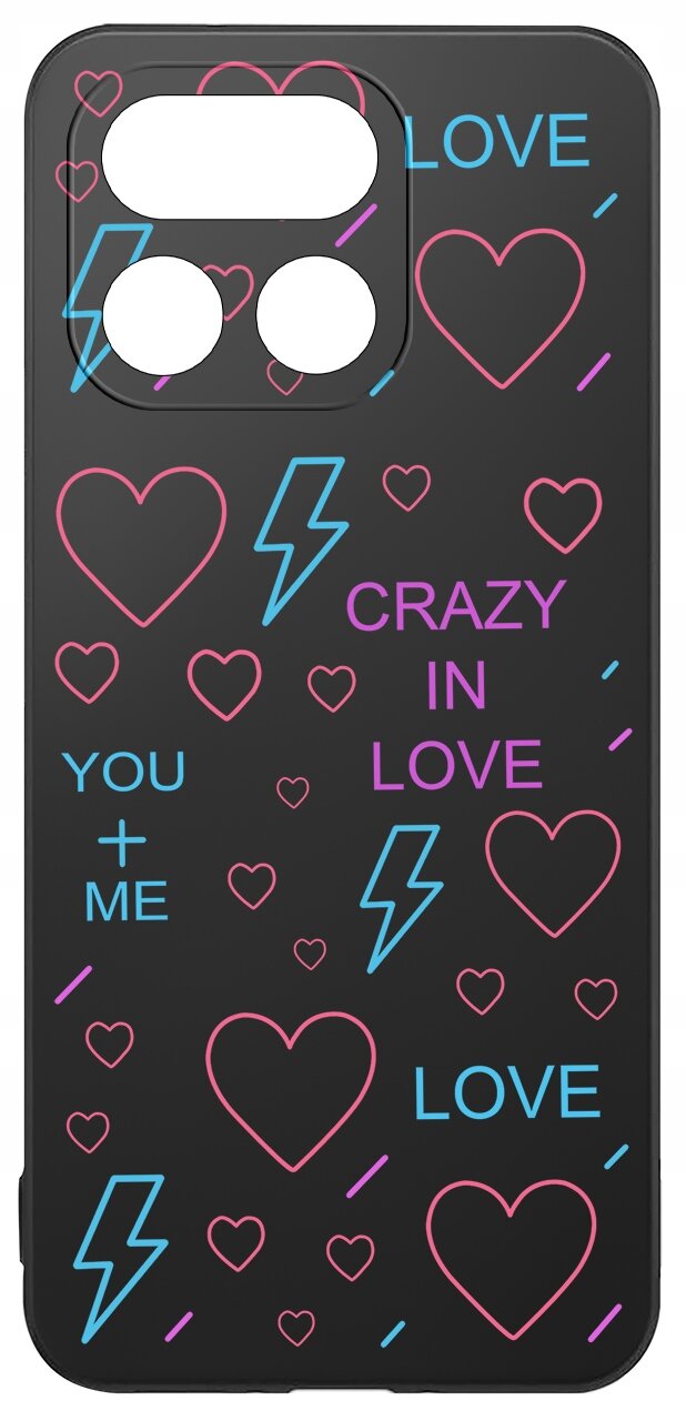 Czarne etui z kolorowymi wzorami serc, błyskawic i napisami: \'LOVE\', \'CRAZY IN LOVE\', \'YOU + ME\'.