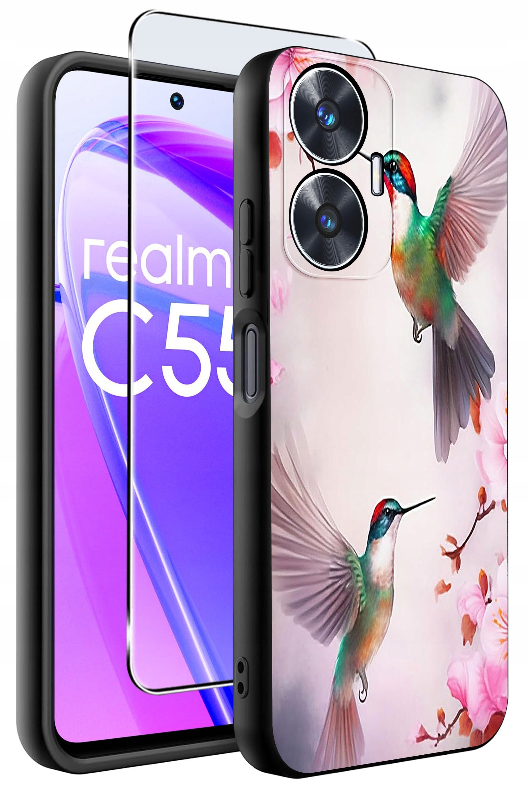 Obraz przedstawia etui na telefon z kolorowym wzorem kolibrów i kwiatów, obok którego znajduje się szkło ochronne. Na ekranie telefonu widoczny jest napis \'realme C55\'.
