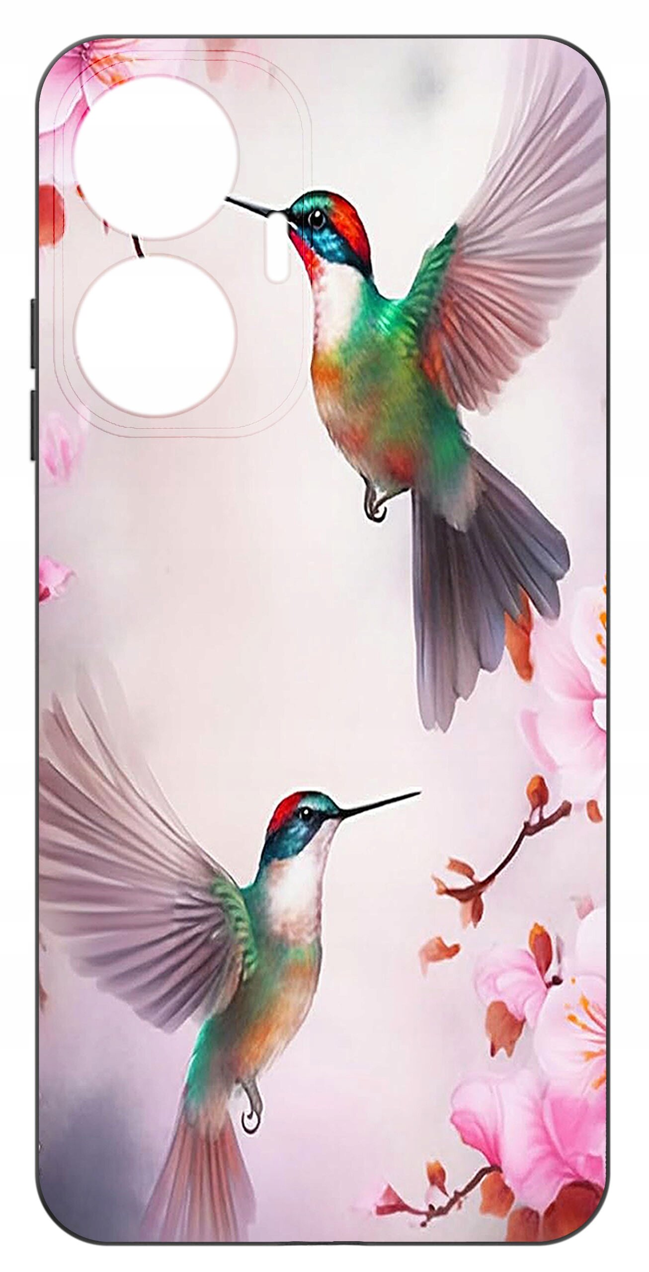 Etui na telefon z kolorowym wzorem przedstawiającym dwa kolibry w locie na tle różowych kwiatów.