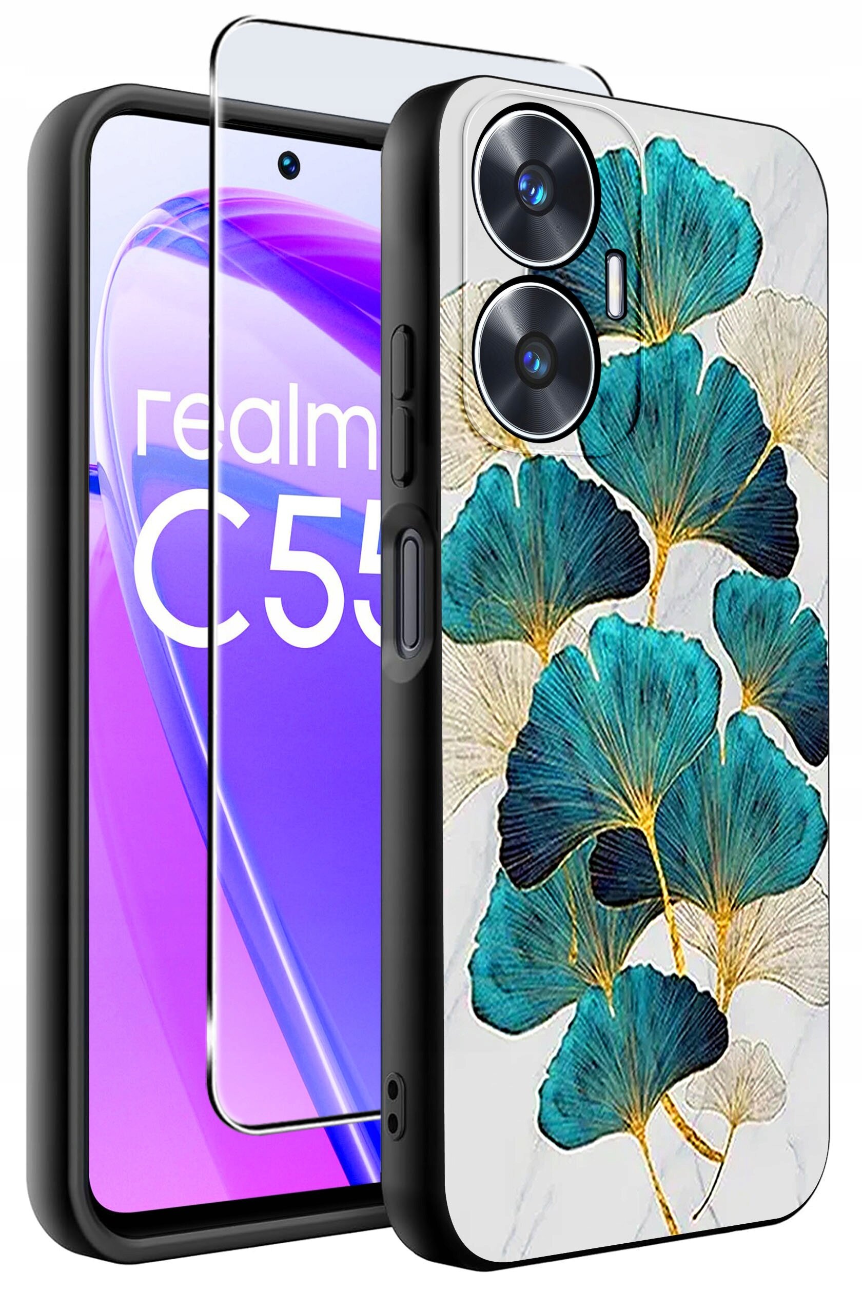Obraz przedstawia etui na telefon z wzorem liści w odcieniach zieleni i złota oraz szkło ochronne. Na ekranie telefonu widoczny jest napis \'realme C55\'.