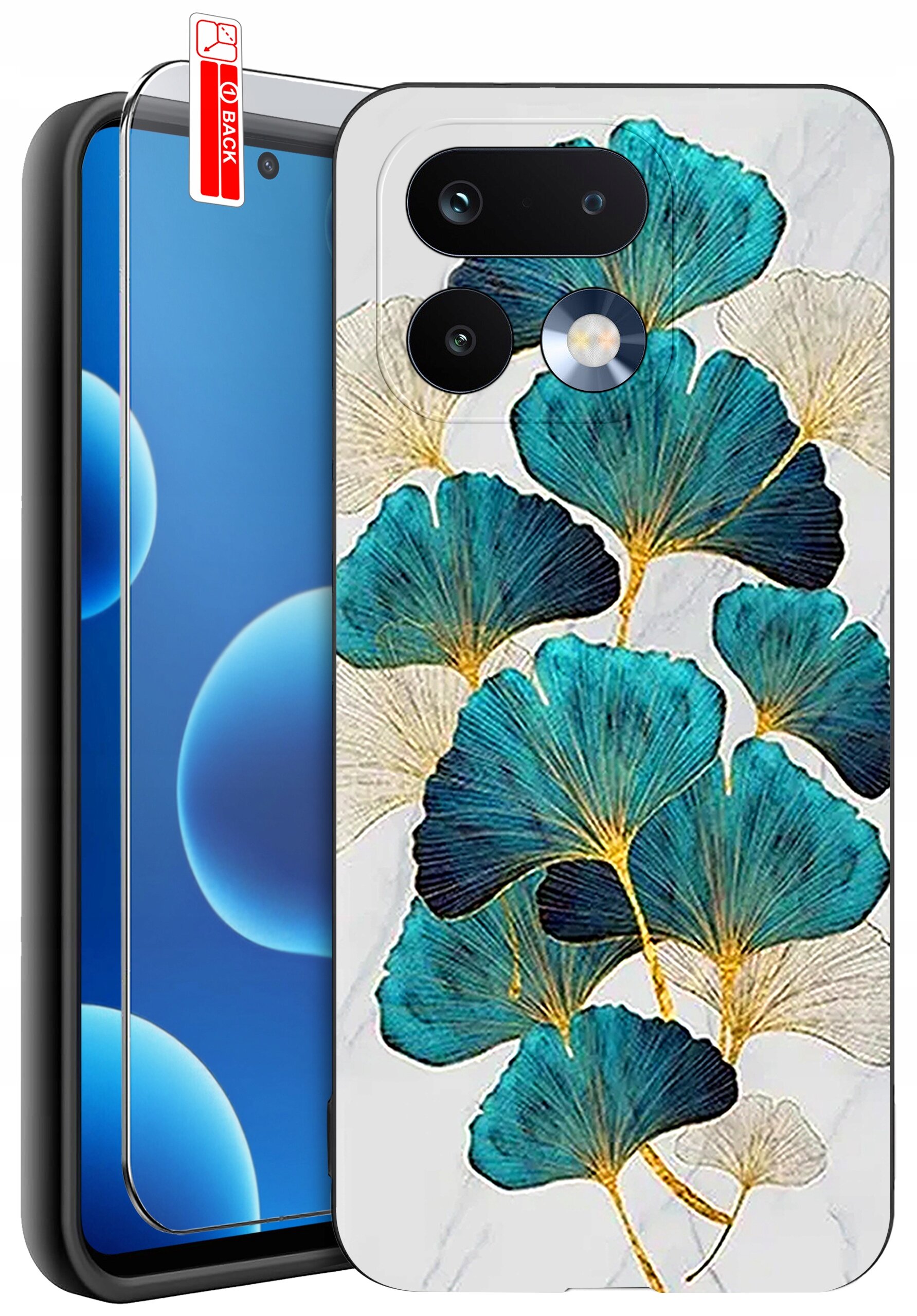 Obraz przedstawia silikonowe etui na telefon z wzorem niebiesko-zielonych liści na białym tle oraz szkło ochronne z napisem \'BACK\'.