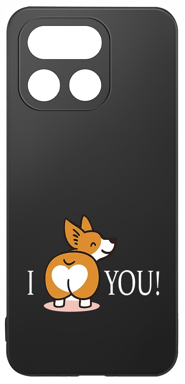 Czarne etui z grafiką psa z sercem na tylnej części ciała oraz napisem \'I YOU!\'.