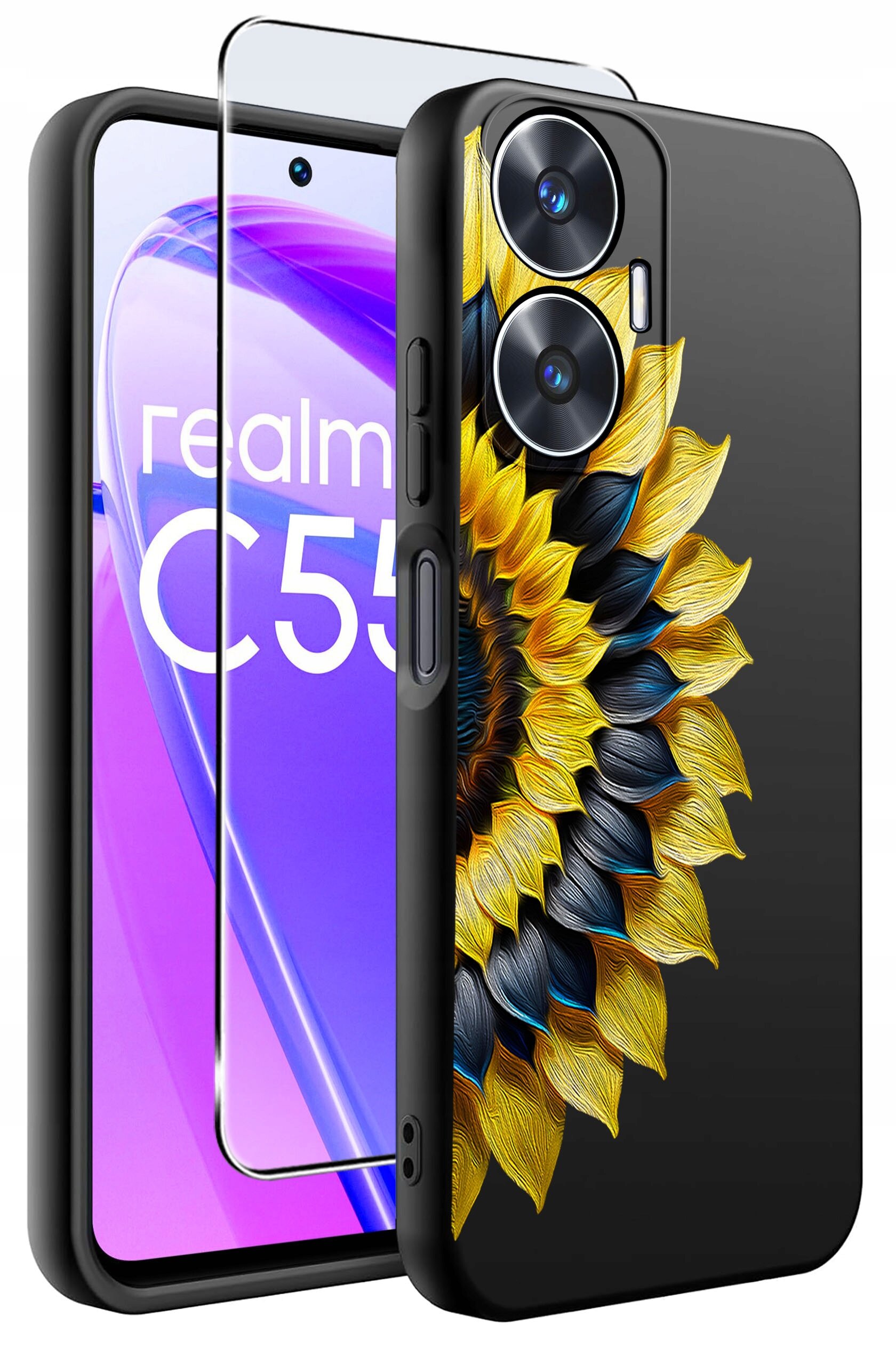 Obraz przedstawia etui na telefon z wzorem słonecznika oraz szkło ochronne. Na ekranie telefonu widoczny jest napis \'realme C55\'.