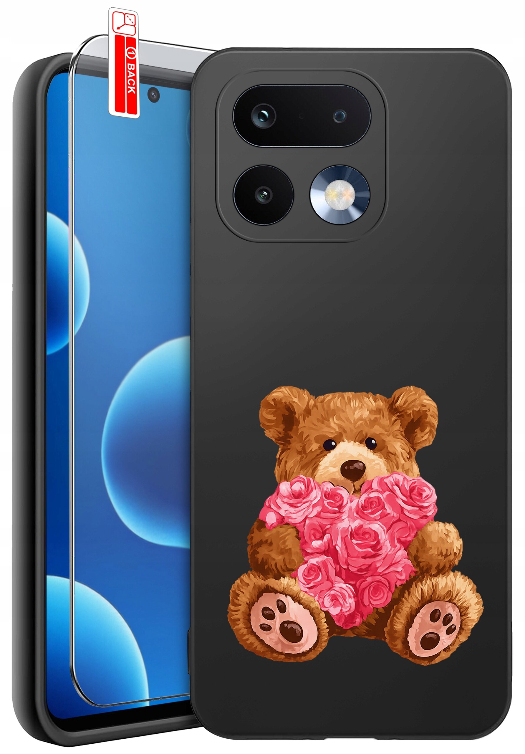 Czarne etui na telefon z nadrukiem misia trzymającego różowe serce z kwiatów. Obok etui znajduje się szkło ochronne z napisem \'BACK\'.