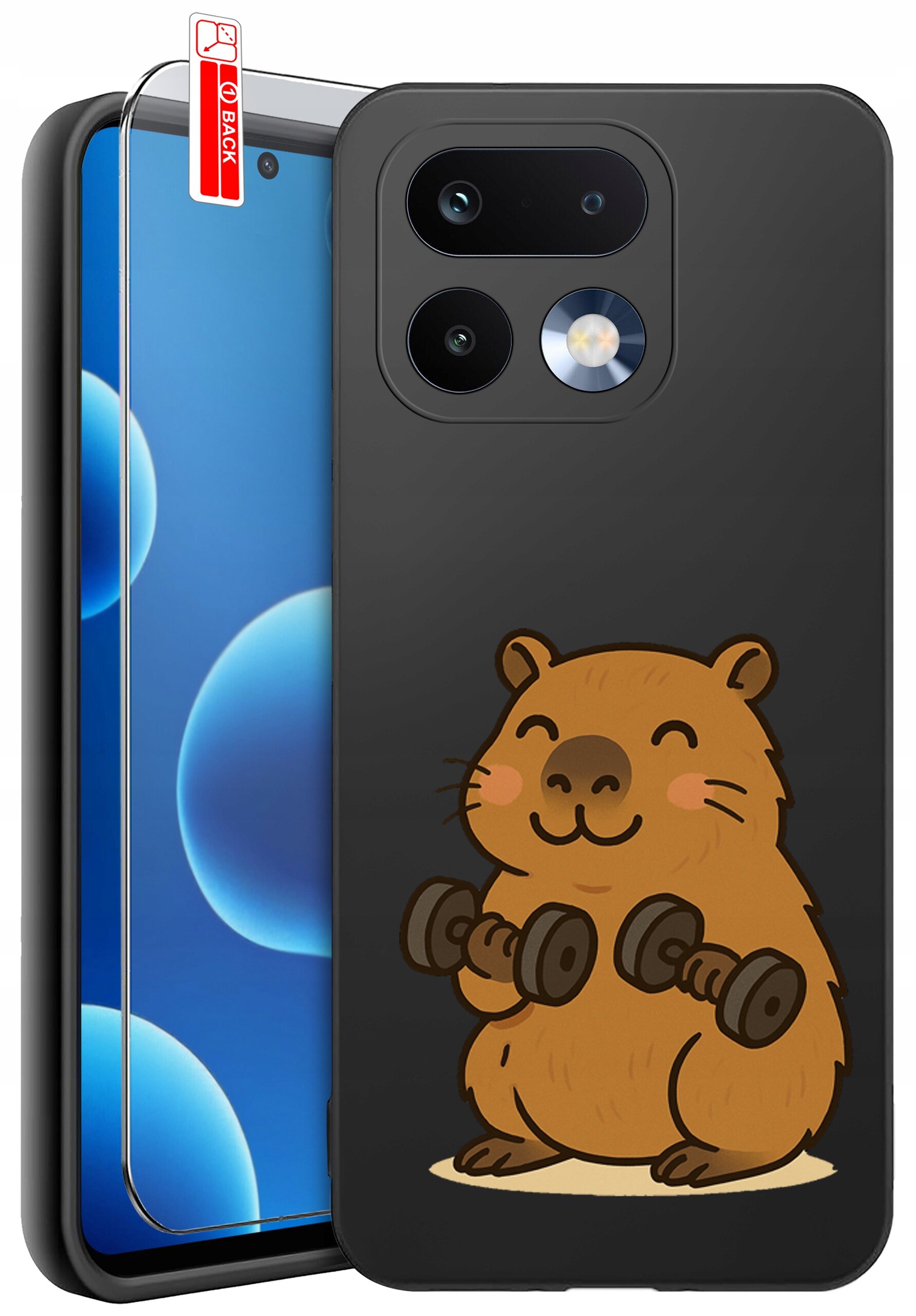 Czarne etui na telefon z nadrukiem uśmiechniętego zwierzątka trzymającego hantle. Obok znajduje się szkło ochronne z oznaczeniem \'BACK\'.