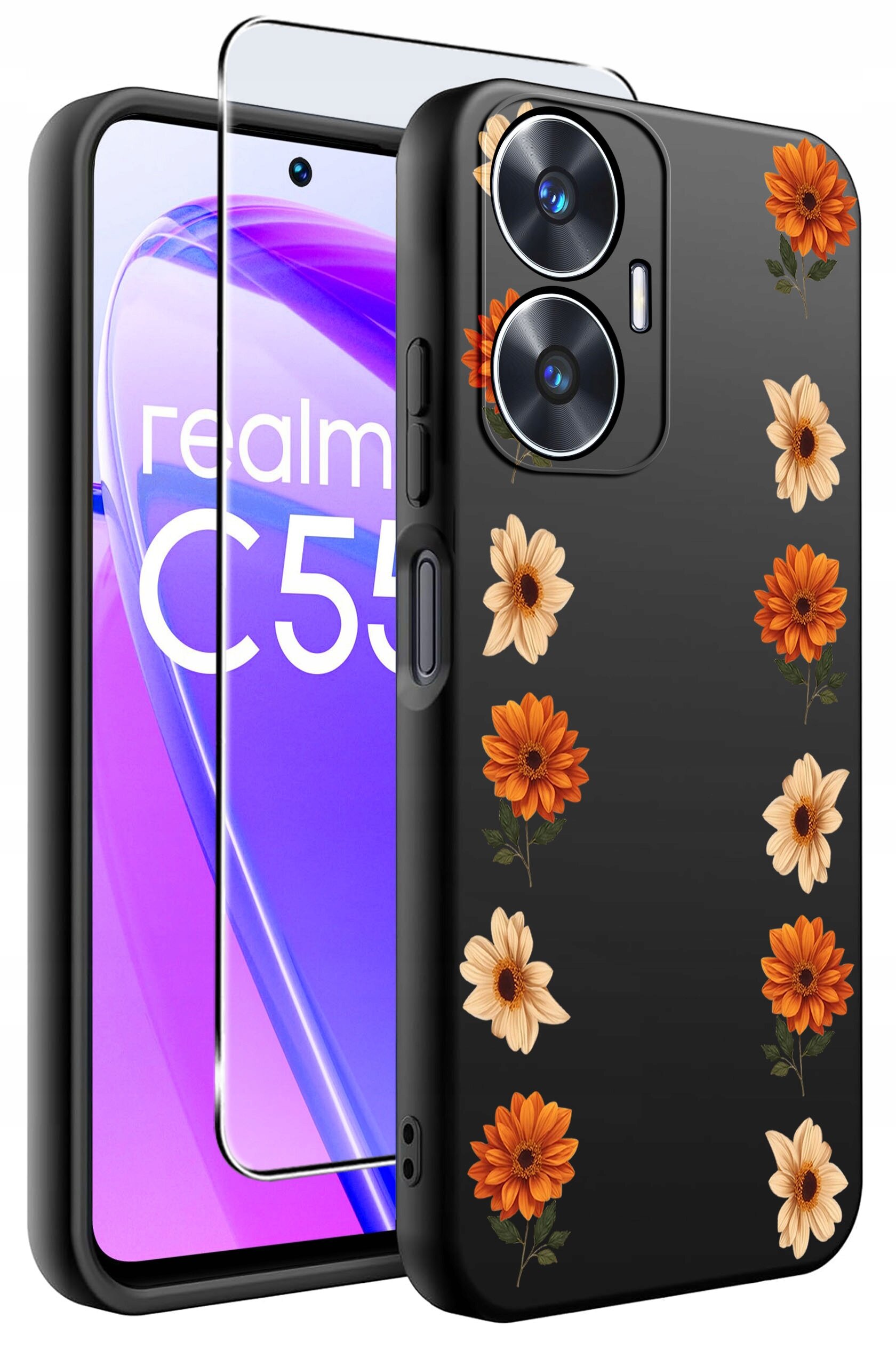 Obraz przedstawia czarne etui na telefon z wzorem pomarańczowych i kremowych kwiatów oraz szkło ochronne. Na ekranie telefonu widoczny jest napis \'realme C55\'.