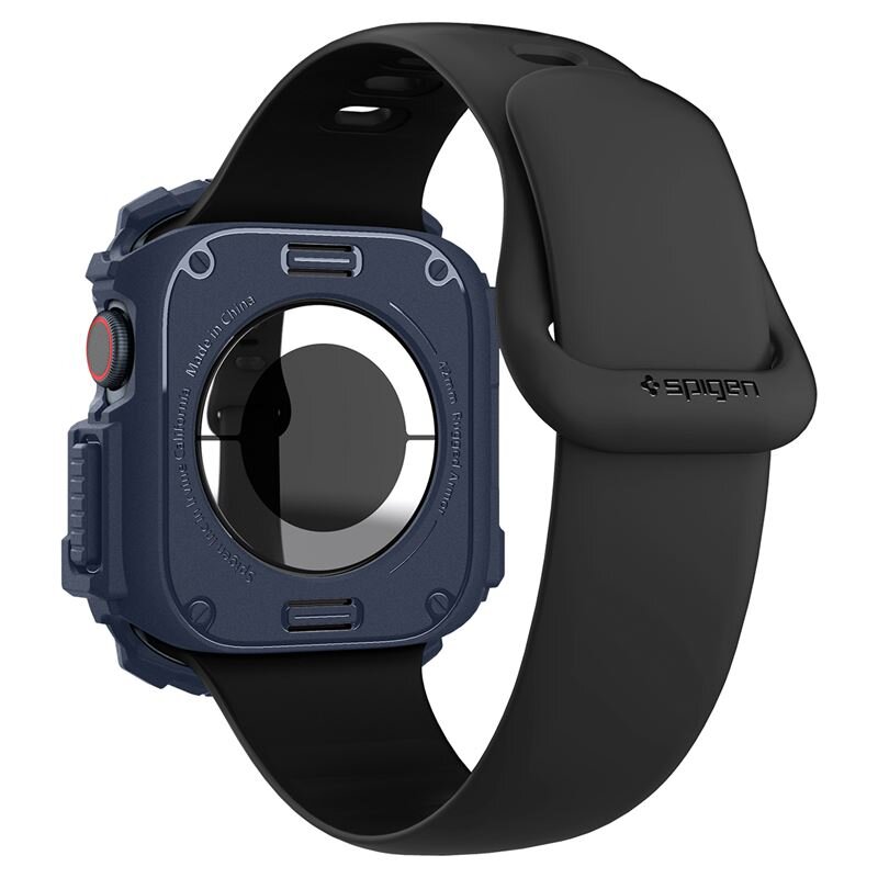 Obraz przedstawia niebieską obudowę ochronną na zegarek z czarnym paskiem. Na obudowie widoczny jest napis: \'Made in China\' oraz \'Spigen Rugged Armor\'.