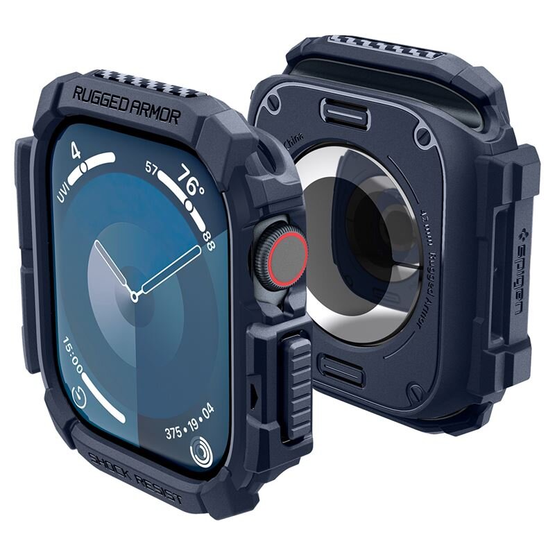 Obraz przedstawia dwa etui ochronne w kolorze granatowym na zegarek, z widocznym napisem \'RUGGED ARMOR\' oraz \'SHOCK RESIST\'.