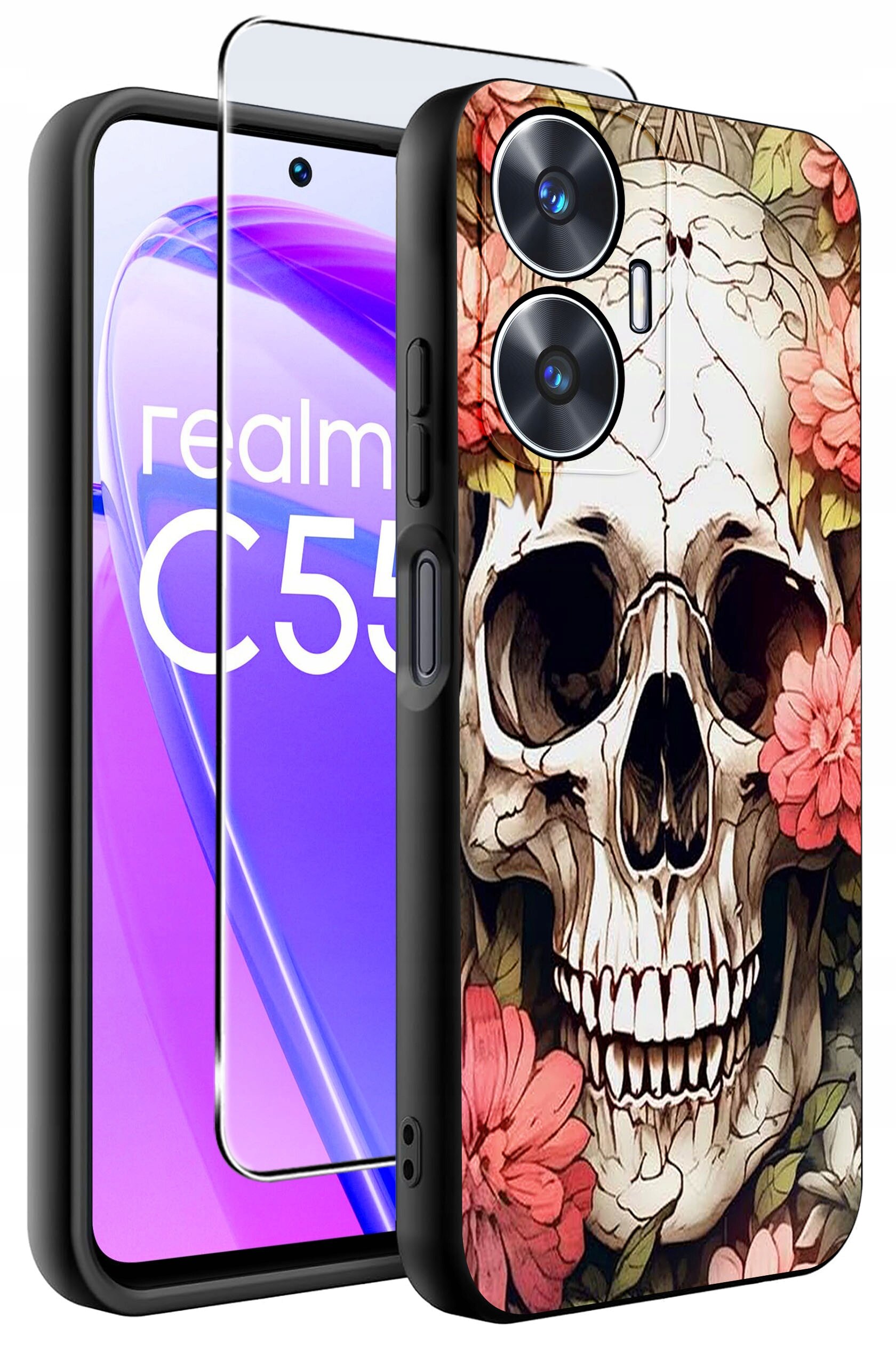 Obraz przedstawia etui na telefon z motywem czaszki otoczonej kwiatami oraz szkło ochronne. Na ekranie telefonu widoczny jest napis \'realme C55\'.
