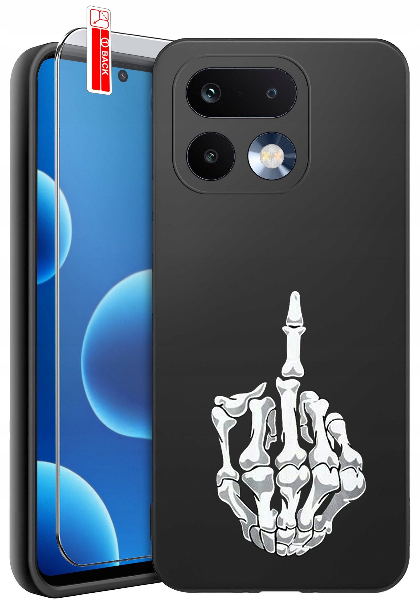 Czarne etui na telefon z nadrukiem białej, szkieletowej dłoni pokazującej środkowy palec. Obok znajduje się szkło ochronne z oznaczeniem \'BACK\'.