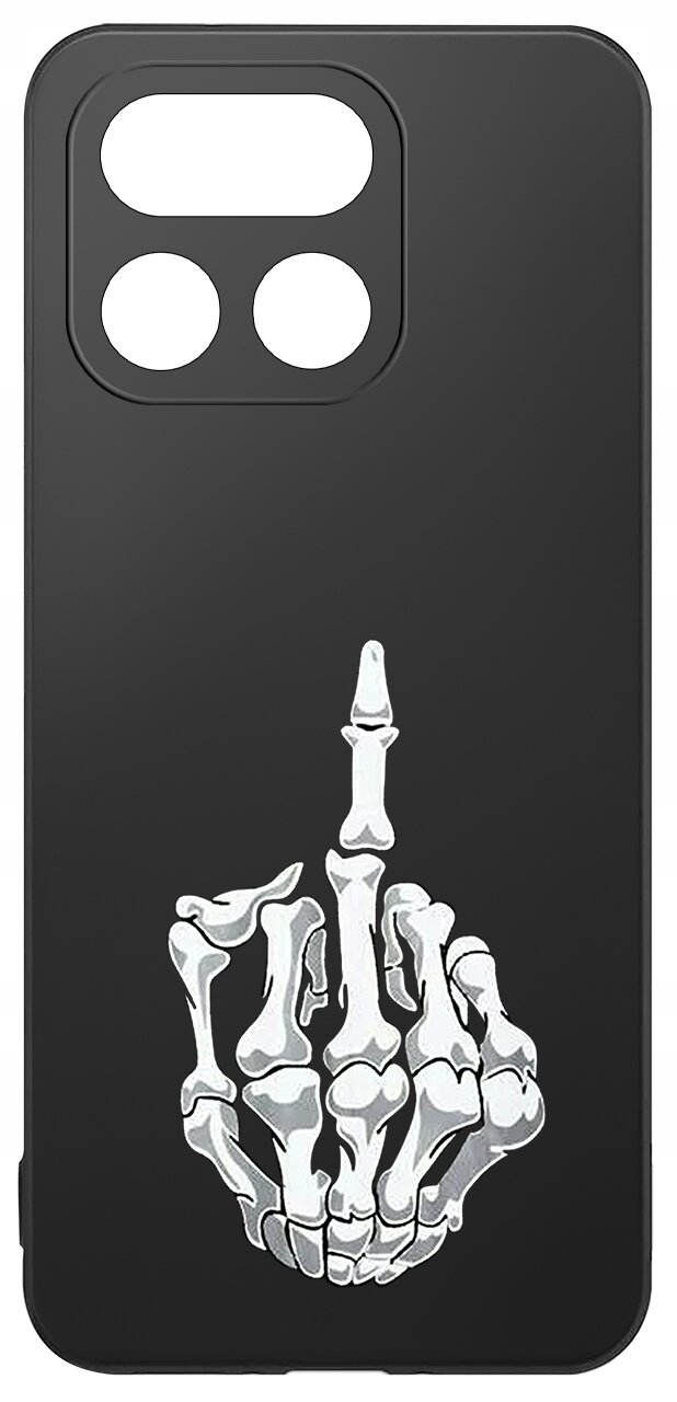 Czarne etui na telefon z nadrukiem białej, szkieletowej dłoni pokazującej środkowy palec. Etui ma wycięcia na trzy obiektywy aparatu.