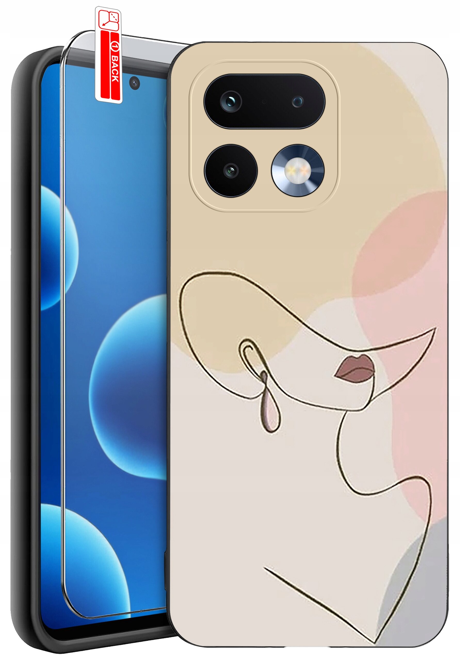 Obraz przedstawia silikonowe etui na telefon z abstrakcyjnym wzorem twarzy w pastelowych kolorach oraz szkło ochronne z napisem \'BACK\'.