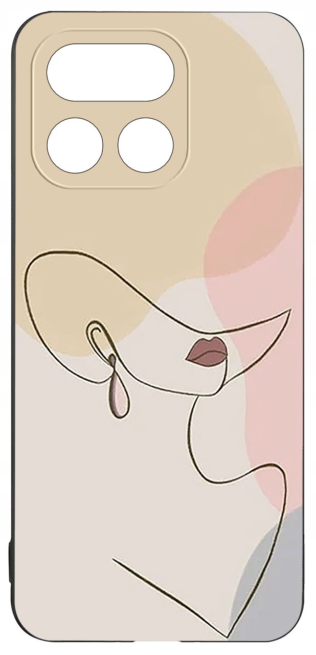 Etui na telefon z abstrakcyjnym wzorem przedstawiającym twarz w stylu line art na tle w pastelowych kolorach. Etui ma wycięcia na aparat i przyciski.