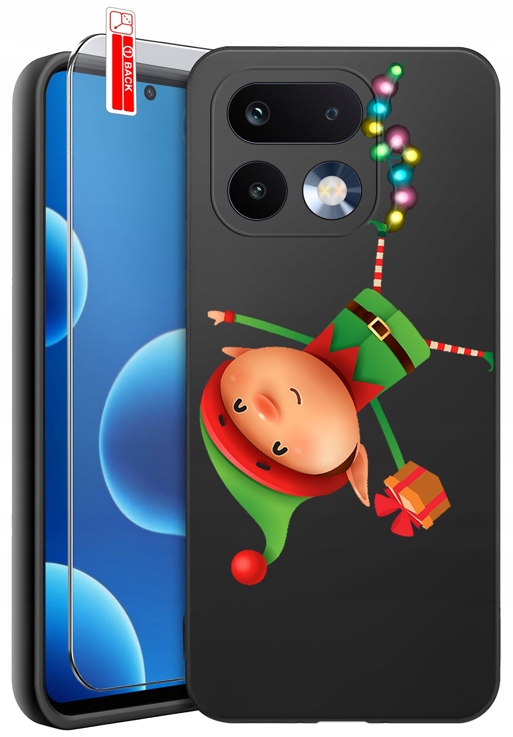 Etui na telefon z motywem elfa trzymającego prezent, z kolorowymi światełkami. Obok znajduje się szkło ochronne z napisem \'BACK\'.