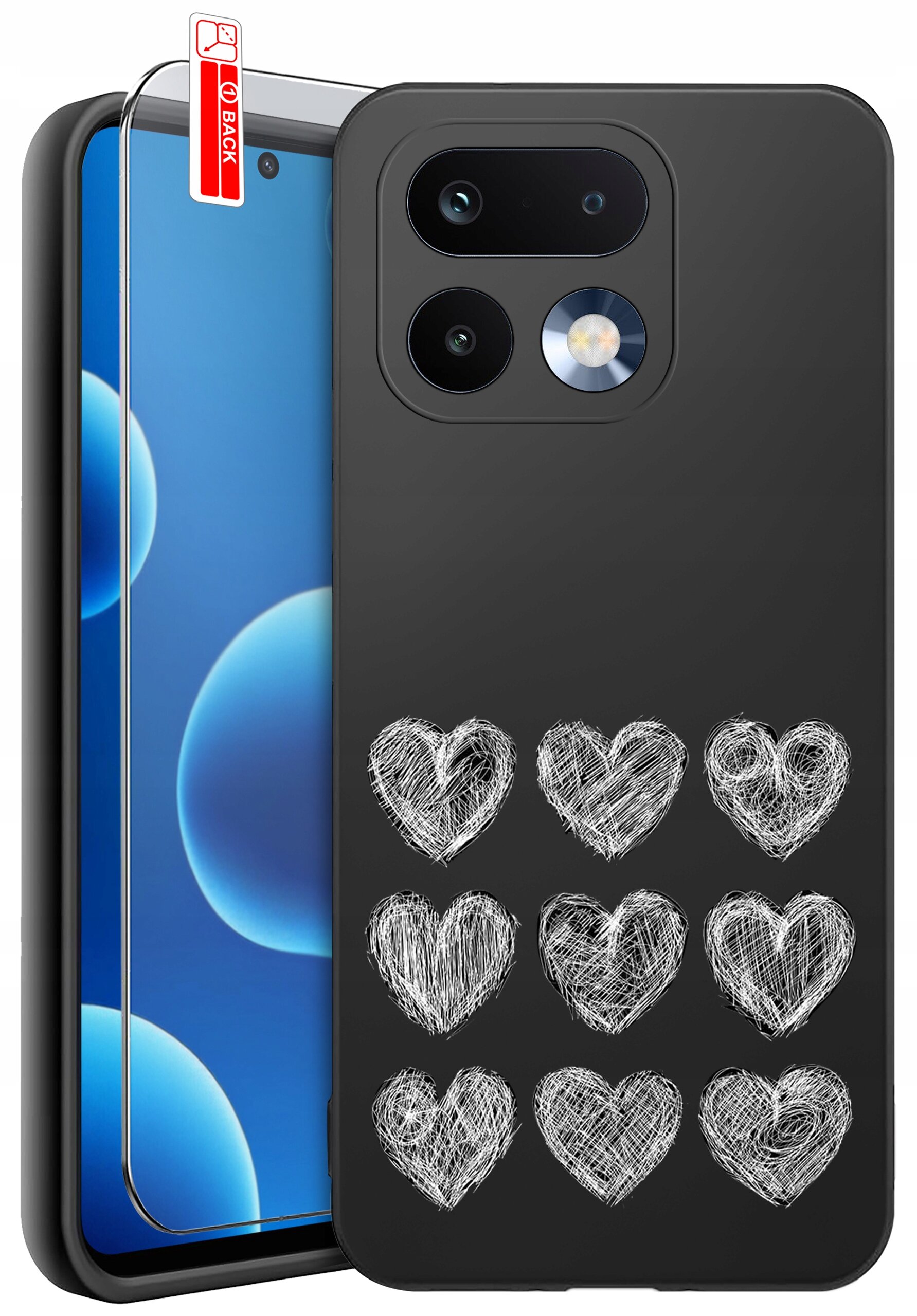 Czarne etui na telefon z dziewięcioma białymi sercami w dwóch rzędach. Obok znajduje się szkło ochronne z napisem \'BACK\'.