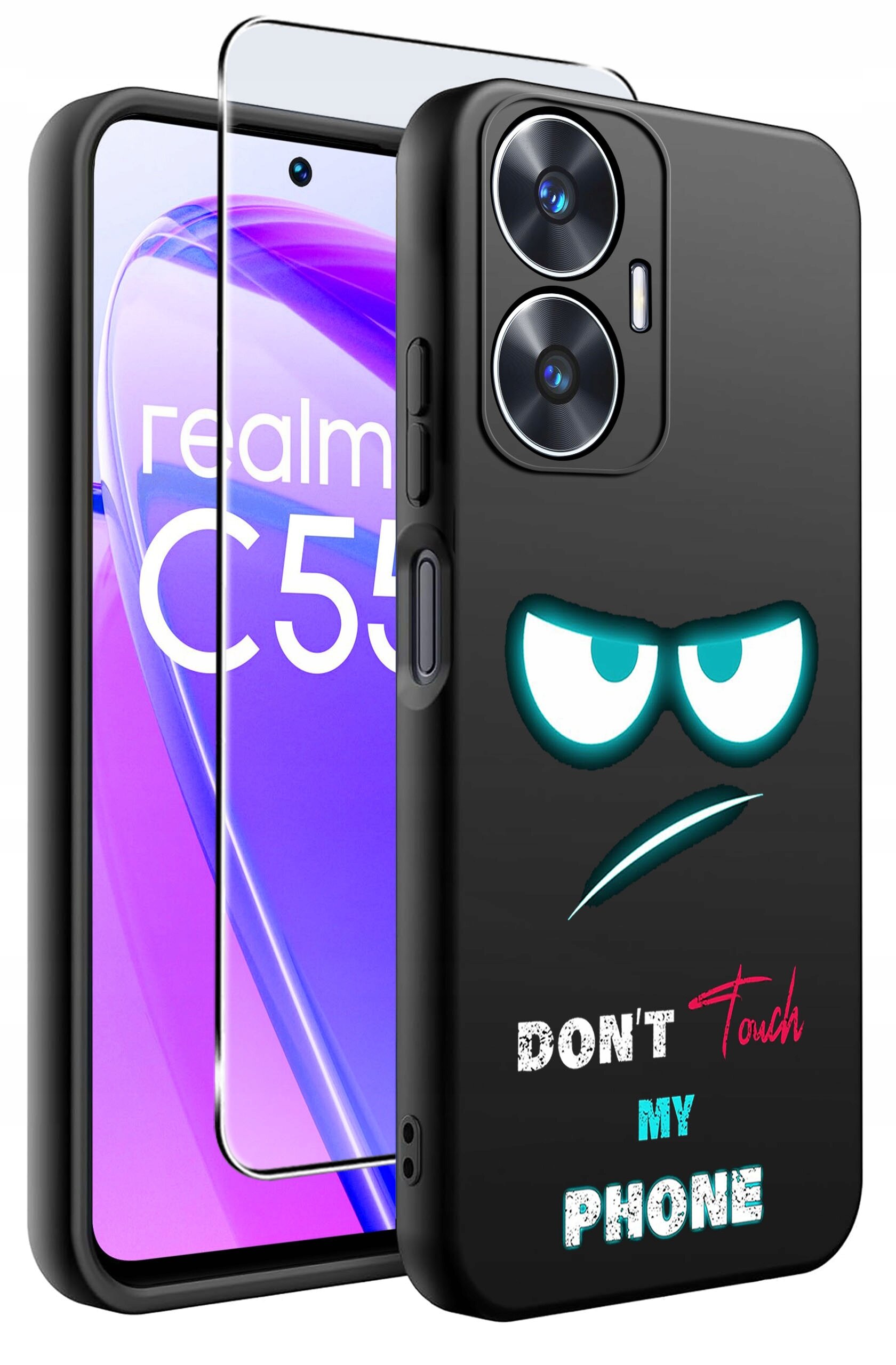 Obraz przedstawia czarne etui na telefon z nadrukiem gniewnej twarzy i napisem \'DON\'T Touch MY PHONE\'. Obok etui znajduje się szkło ochronne oraz telefon z widocznym napisem \'realme C55\'.