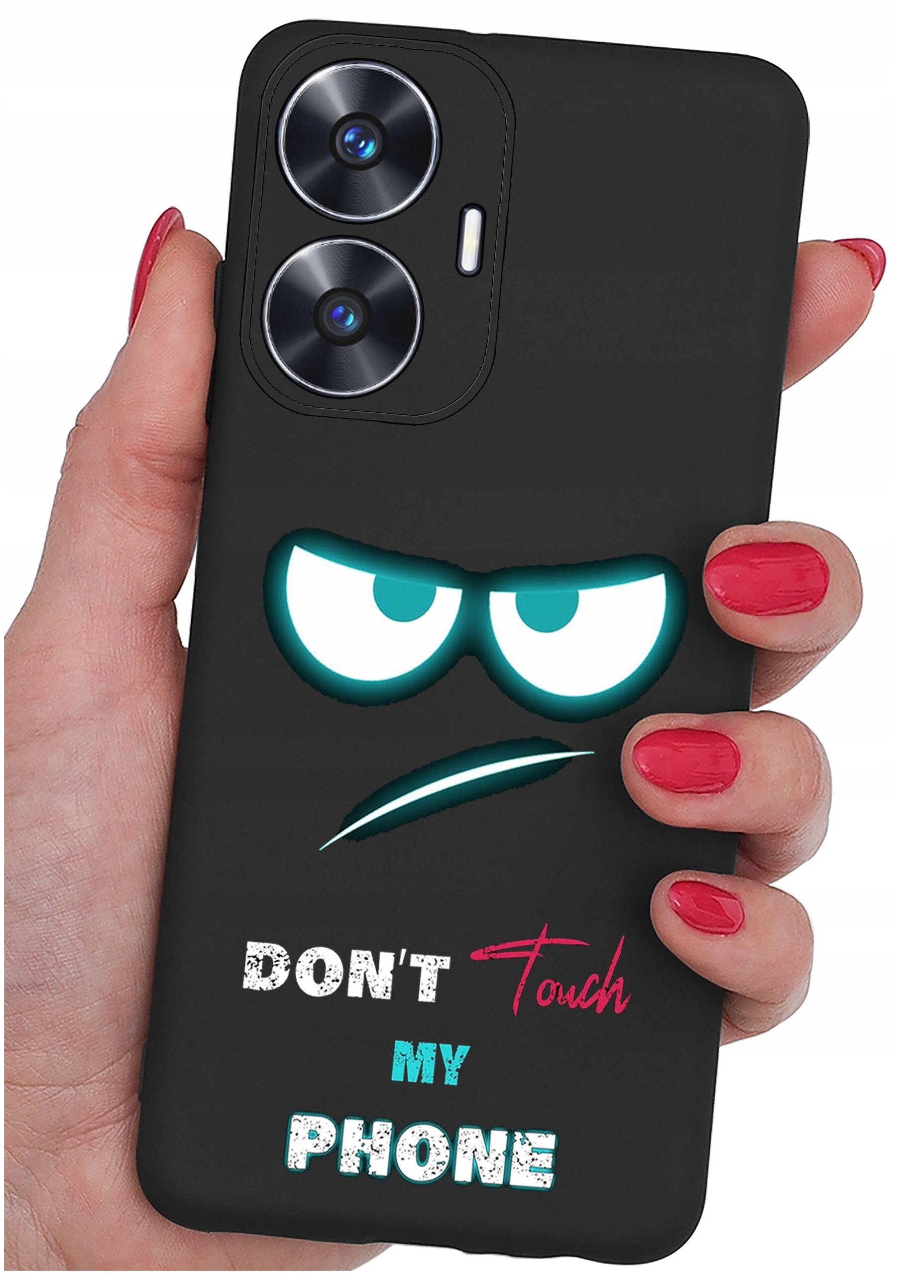 Czarna obudowa telefonu z nadrukiem przedstawiającym parę oczu i napis \'DON\'T Touch MY PHONE\'. Obudowa jest trzymana w dłoni z pomalowanymi na czerwono paznokciami.
