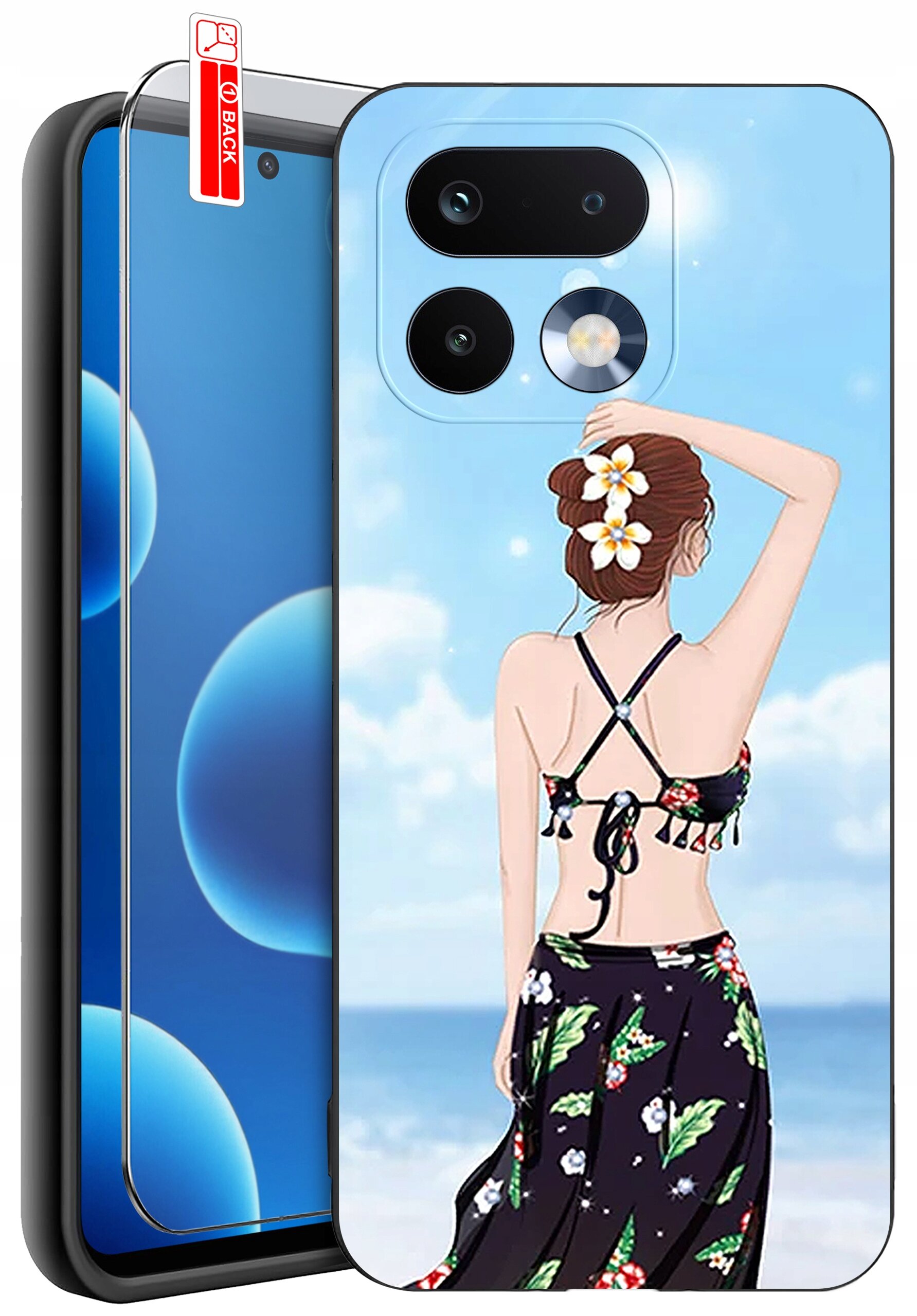 Etui na telefon z grafiką przedstawiającą kobietę w stroju plażowym na tle nieba i morza. Obok etui znajduje się szkło ochronne z oznaczeniem \'BACK\'.