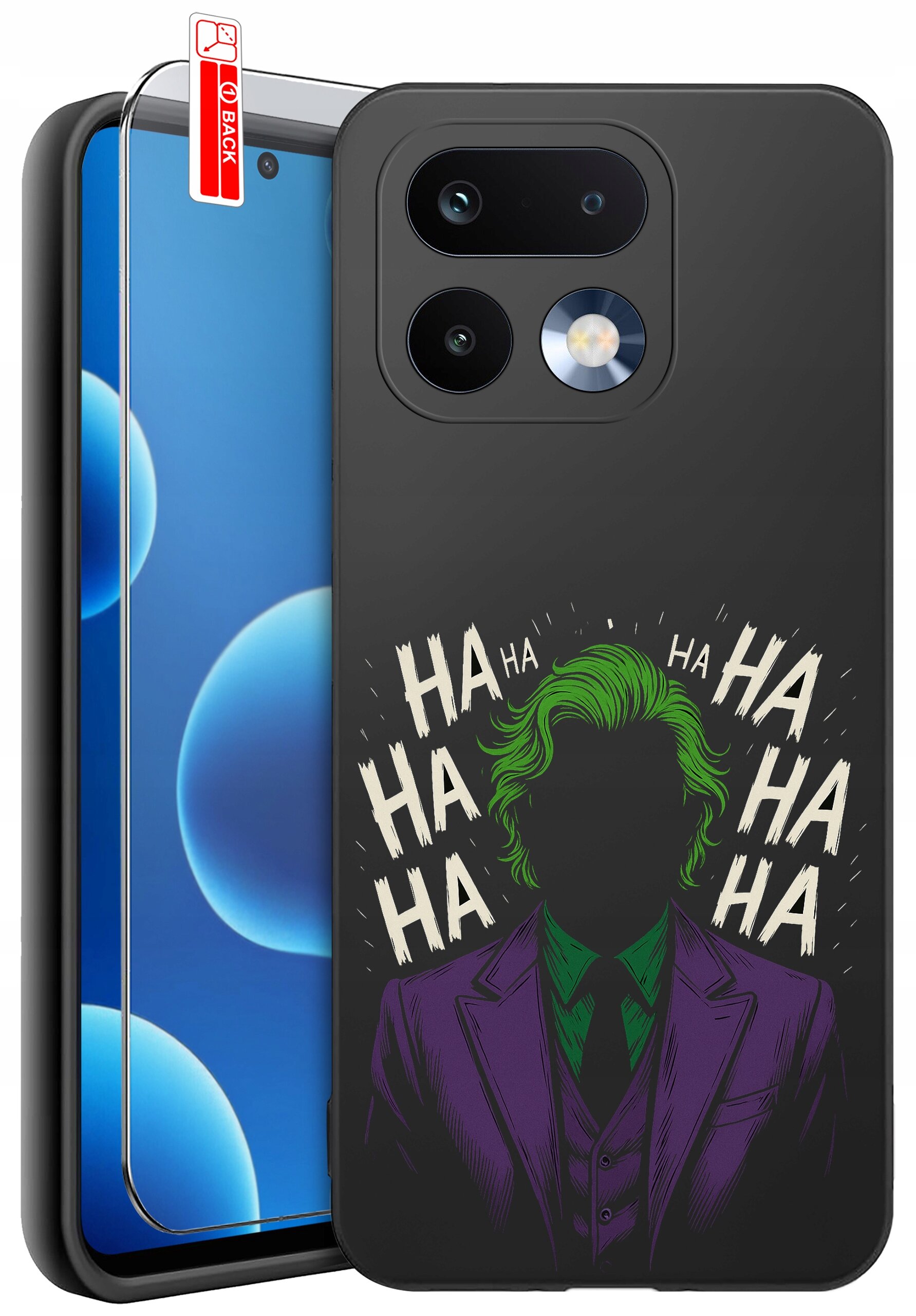 Etui na telefon z grafiką przedstawiającą postać w fioletowym garniturze z zielonymi włosami oraz napisem \'HA HA HA HA\'. Obok znajduje się szkło ochronne z etykietą \'BACK\'.
