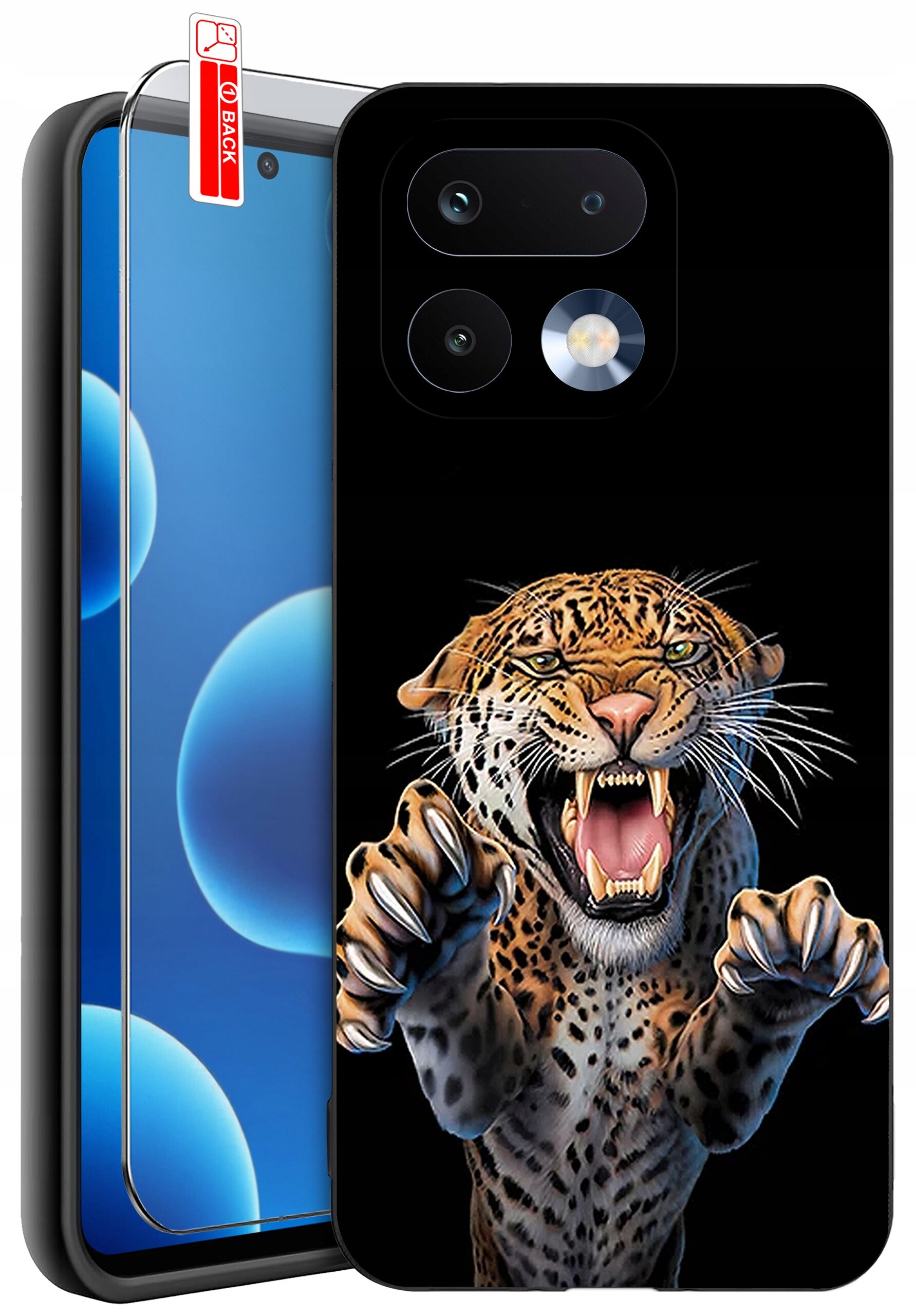 Obraz przedstawia silikonowe etui na telefon z nadrukiem groźnie wyglądającego lamparta. Obok etui znajduje się szkło ochronne z napisem \'BACK\'.