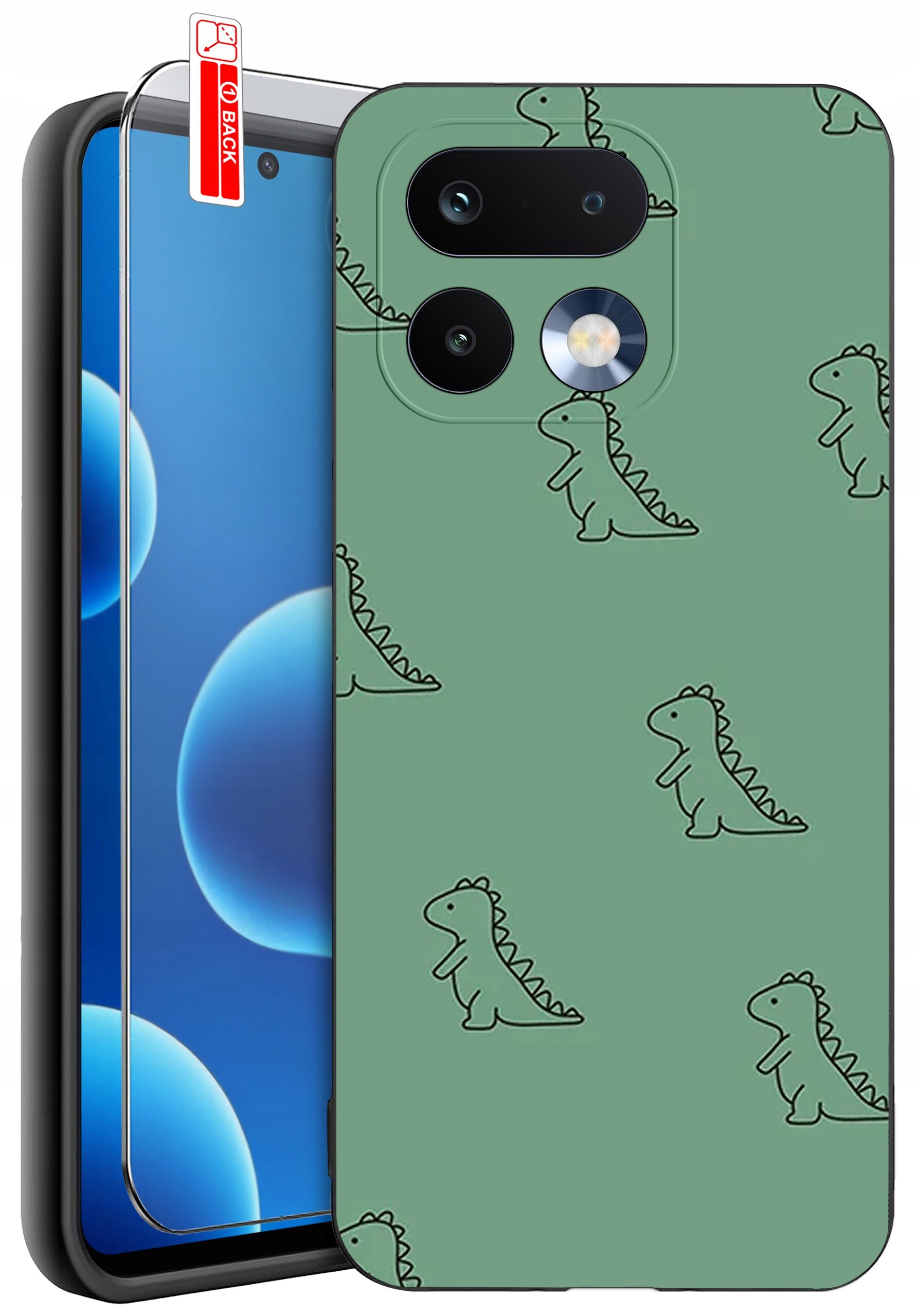 Zielone etui na telefon z wzorem małych dinozaurów, obok którego znajduje się szkło ochronne z napisem \'BACK\'.