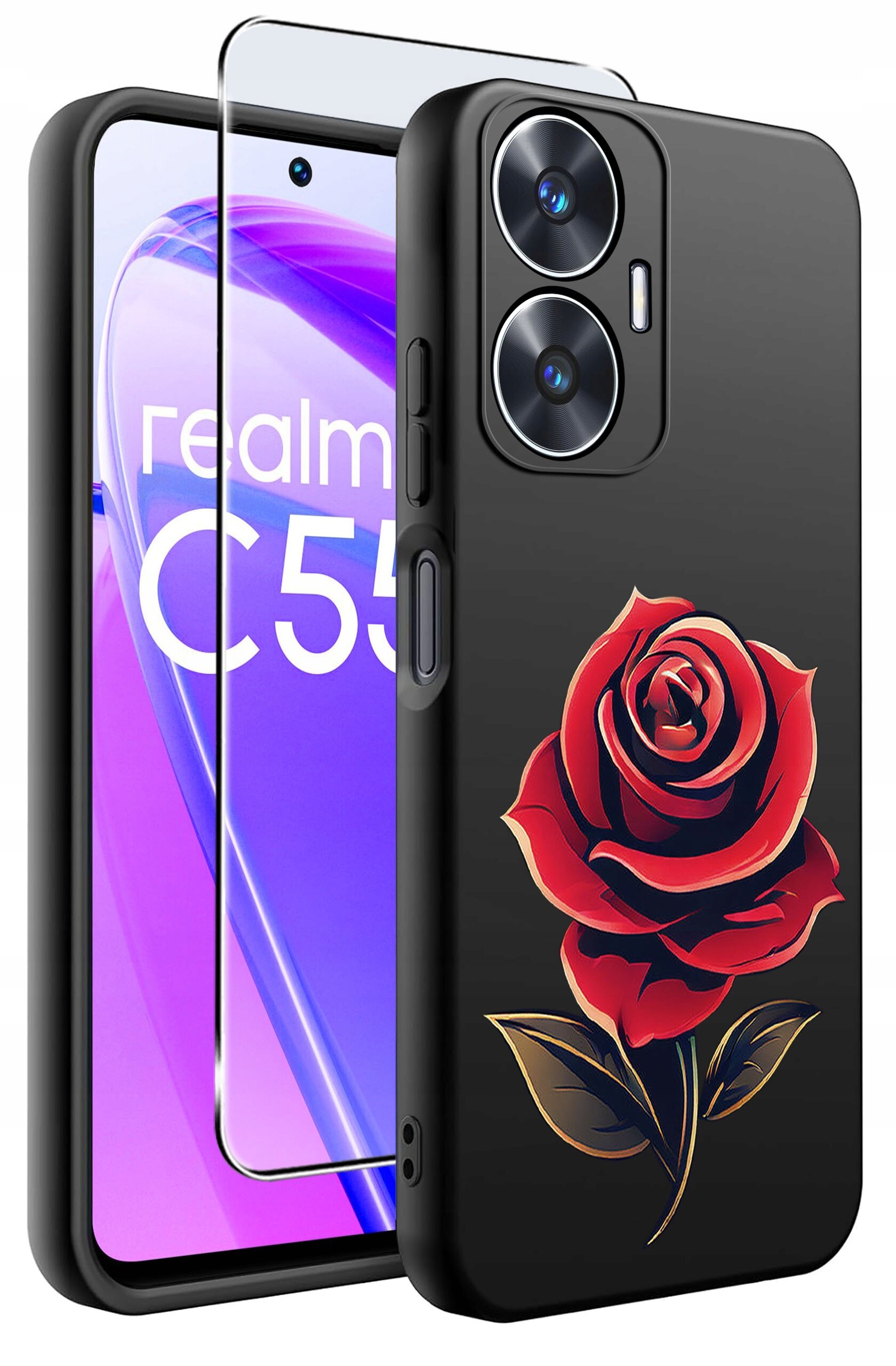 Obraz przedstawia czarne etui na telefon z wzorem czerwonej róży oraz szkło ochronne. Na ekranie telefonu widoczny jest napis \'realme C55\'.