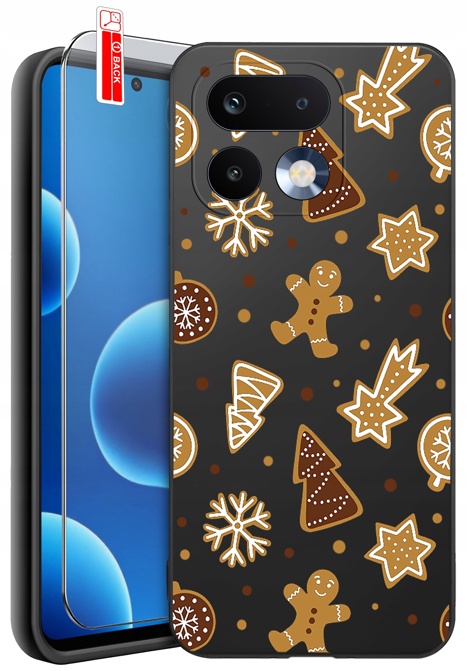 Na obrazie widoczne jest etui na telefon z motywem świątecznych pierników, w tym ludzików, gwiazdek i choinek, oraz szkło ochronne z napisem \'BACK\'.