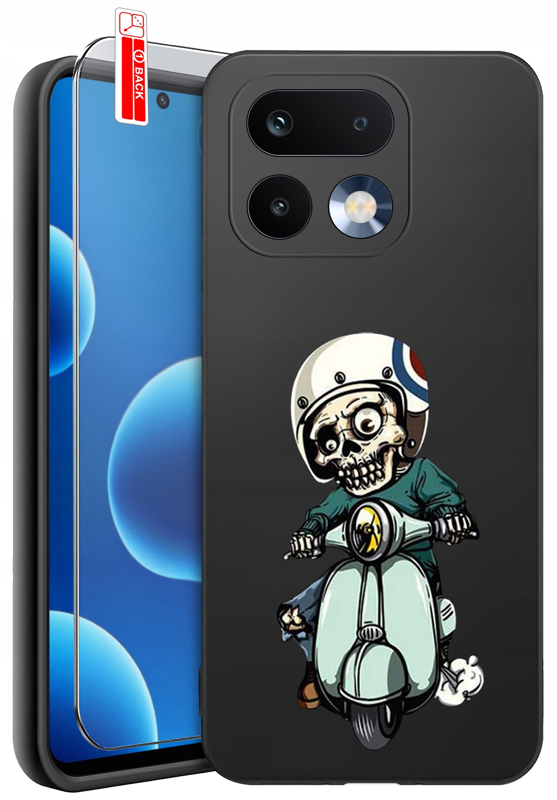 Czarne etui na telefon z nadrukiem postaci szkieletu na skuterze w kasku. Obok etui znajduje się szkło ochronne z napisem \'BACK\'.