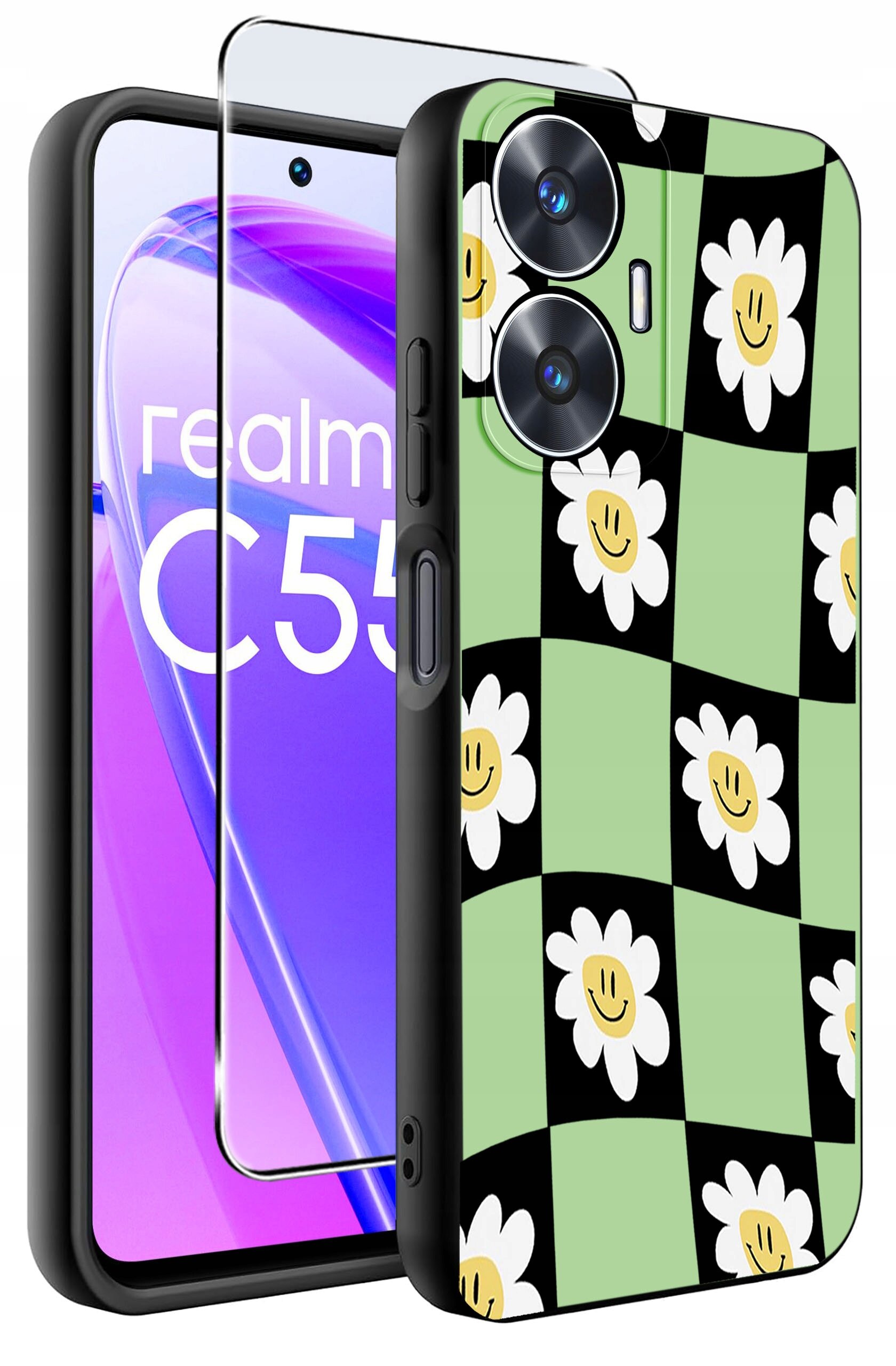 Obraz przedstawia etui na telefon z wzorem w biało-żółte kwiaty na zielono-czarnym tle oraz szkło ochronne. Na ekranie telefonu widoczny jest napis \'realme C55\'.