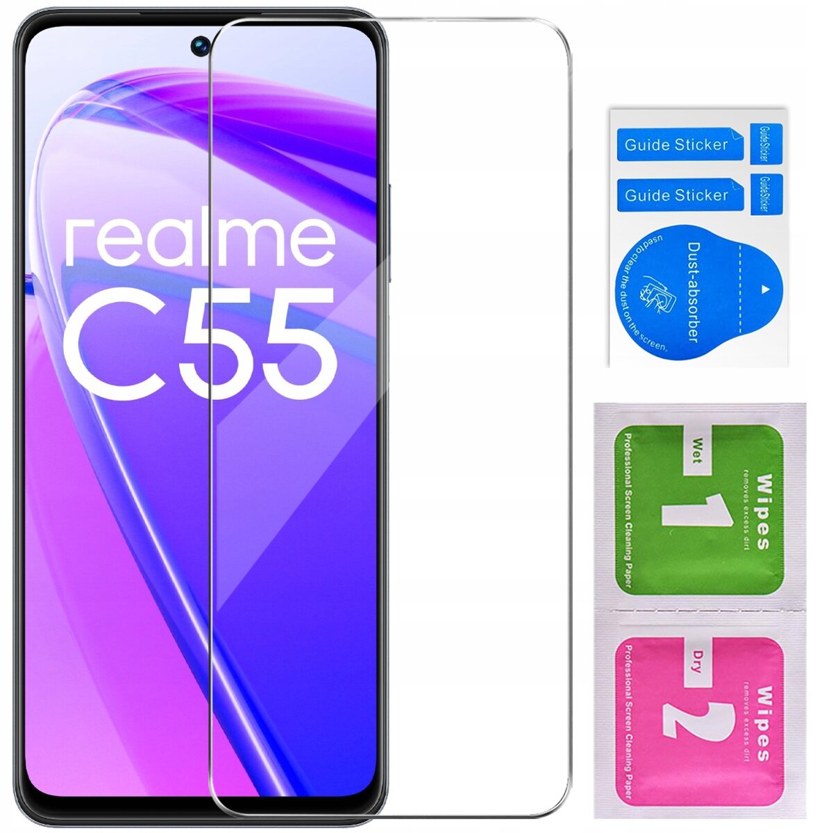Na obrazie widoczny jest telefon z napisem \'realme C55\' oraz szkło ochronne. Obok znajdują się naklejki \'Guide Sticker\', \'Dust-absorber\' i chusteczki \'Wet 1\' oraz \'Dry 2\'.
