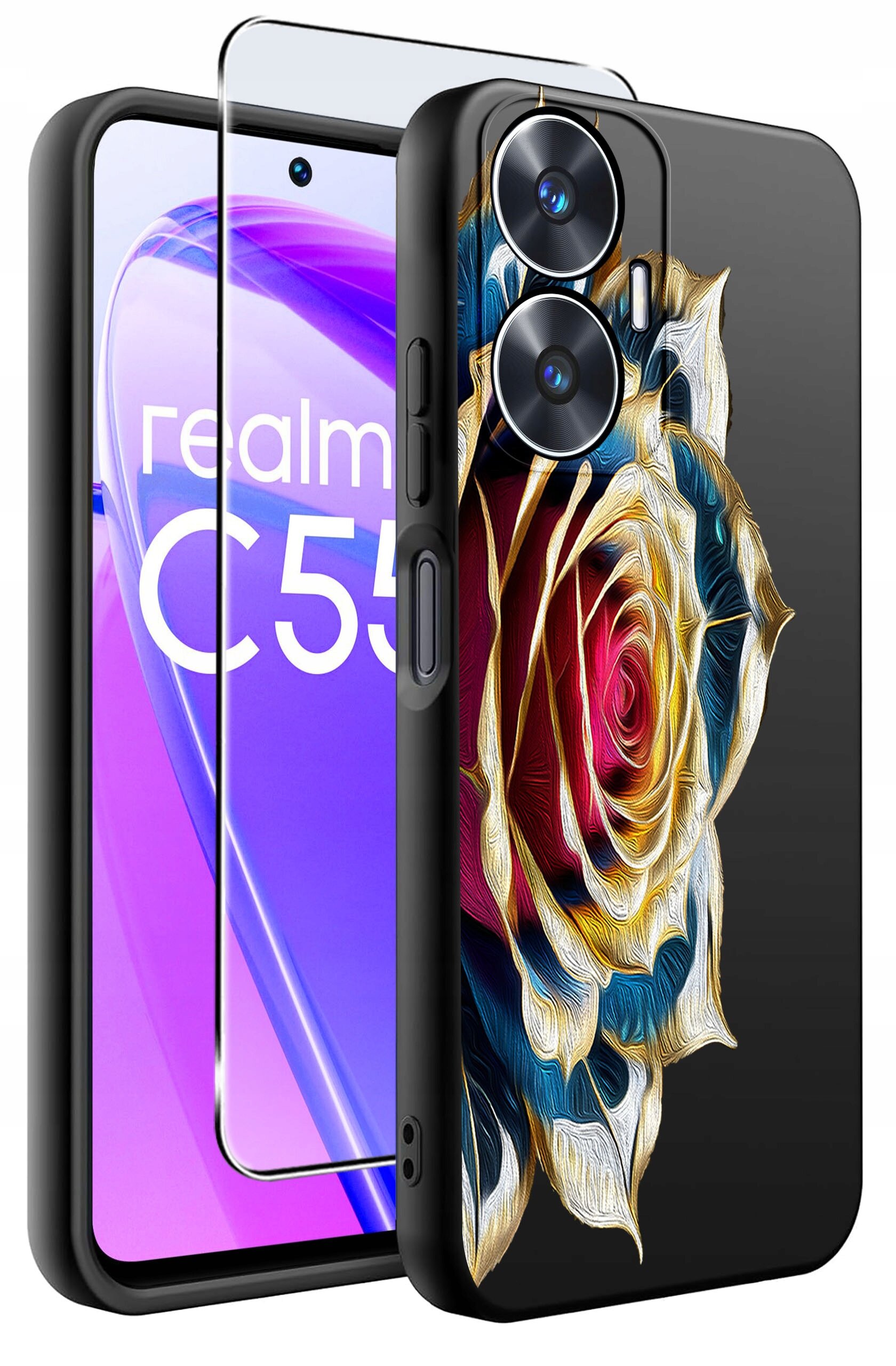 Obraz przedstawia etui na telefon z wzorem kolorowej róży oraz szkło ochronne. Na ekranie telefonu widoczny jest napis \'realme C55\'.