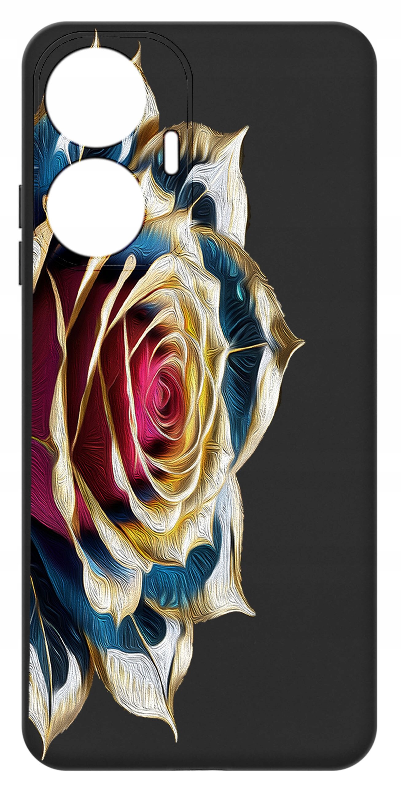 Czarne etui na telefon z kolorowym wzorem róży, obejmującym czerwone, niebieskie i złote odcienie. Etui posiada dwa wycięcia na aparaty fotograficzne.