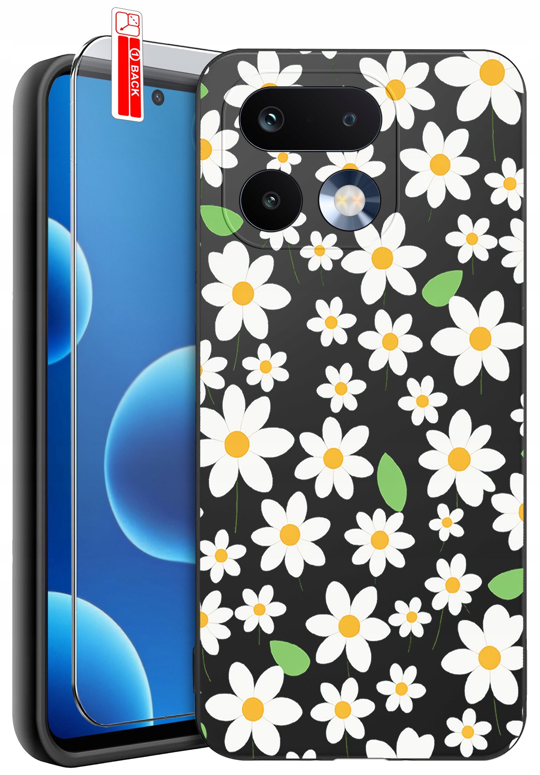 Etui na telefon z czarnym tłem ozdobione białymi kwiatami z żółtymi środkami i zielonymi liśćmi. Obok etui znajduje się szkło ochronne z napisem \'BACK\'.