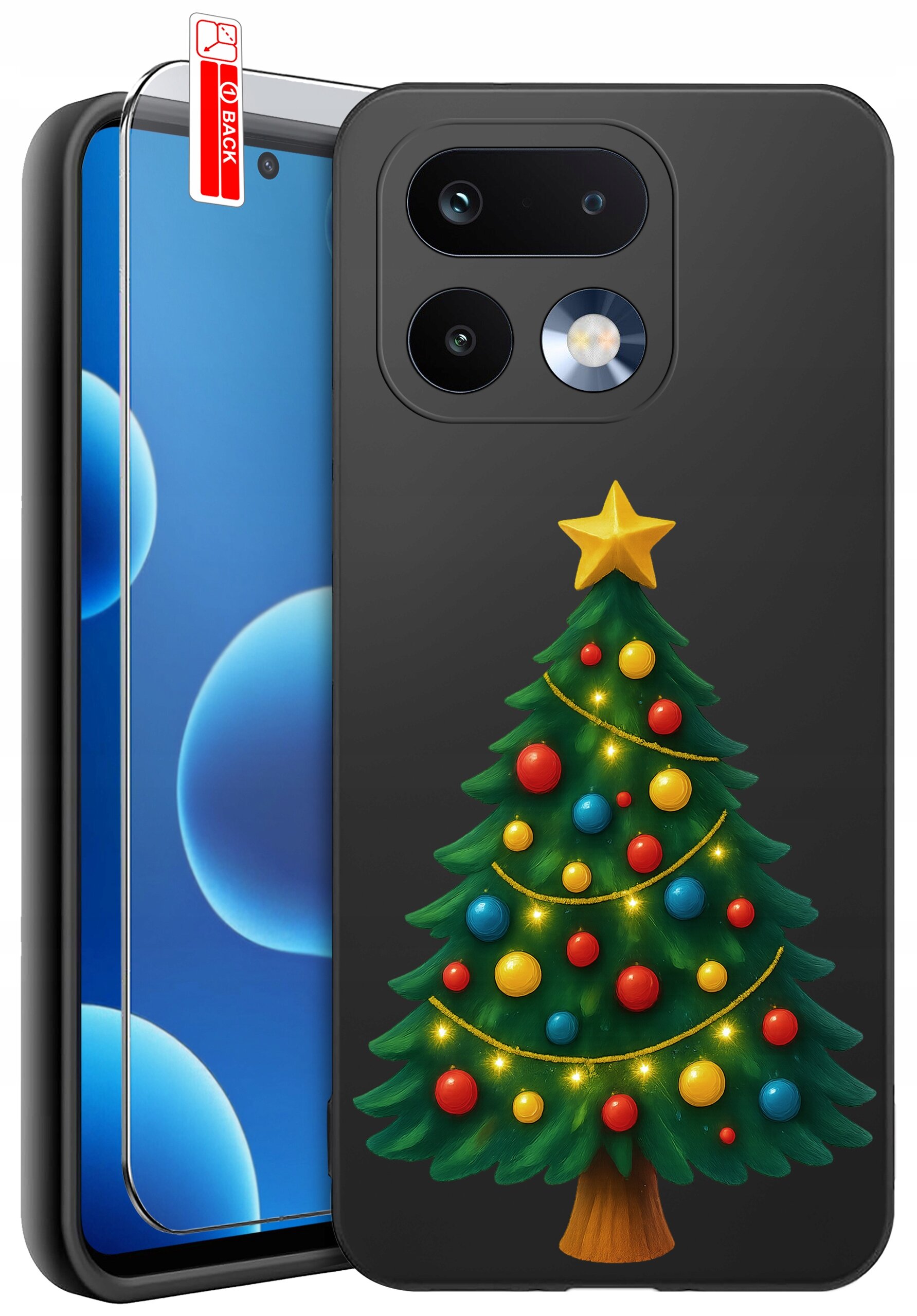 Etui na telefon z motywem choinki ozdobionej kolorowymi bombkami i gwiazdą na szczycie. Obok etui znajduje się szkło ochronne z napisem \'BACK\'.