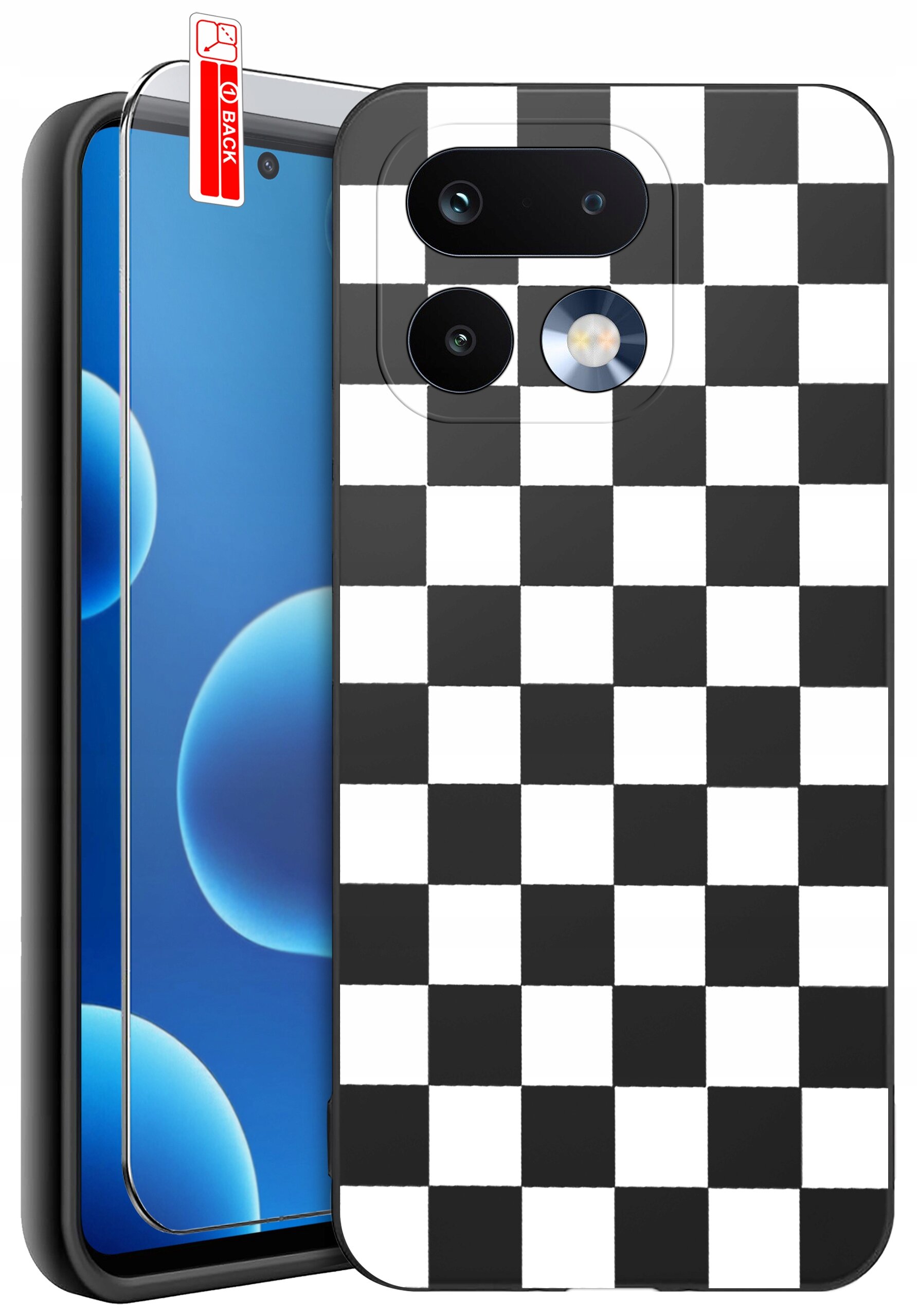 Obraz przedstawia telefon z nałożonym etui w czarno-białą szachownicę oraz szkło ochronne z napisem \'BACK\'.