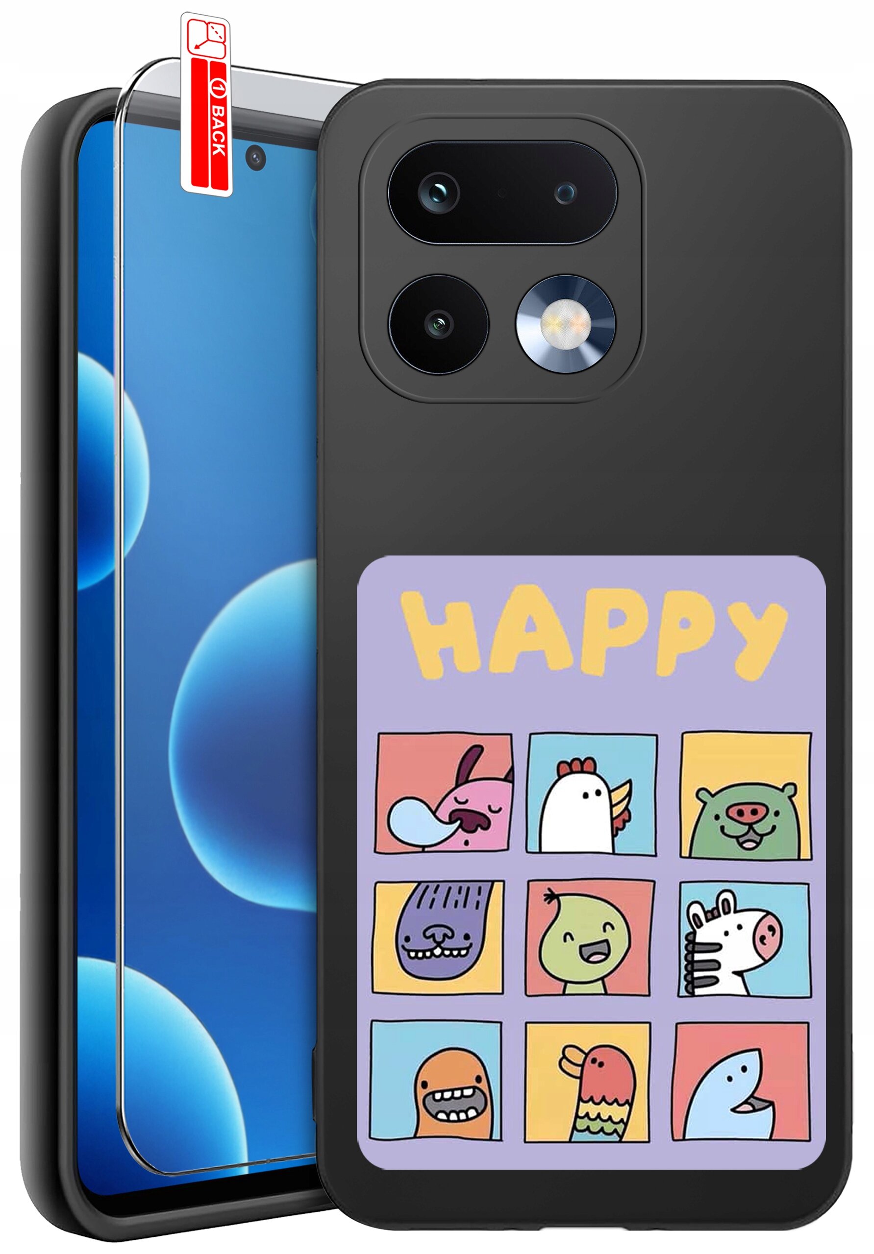 Na obrazie widoczne jest czarne etui na telefon z kolorowym wzorem przedstawiającym dziewięć rysunkowych postaci zwierząt oraz napis \'HAPPY\'. Obok etui znajduje się szkło ochronne na ekran telefonu z oznaczeniem \'BACK\'.