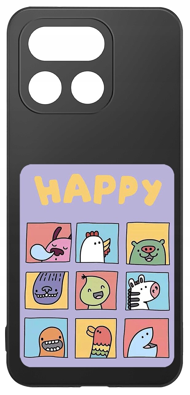 Czarne etui z kolorowym wzorem przedstawiającym dziewięć kwadratów z rysunkami zwierząt i napisem \'HAPPY\' na górze. Etui ma dwa okrągłe otwory na aparat.