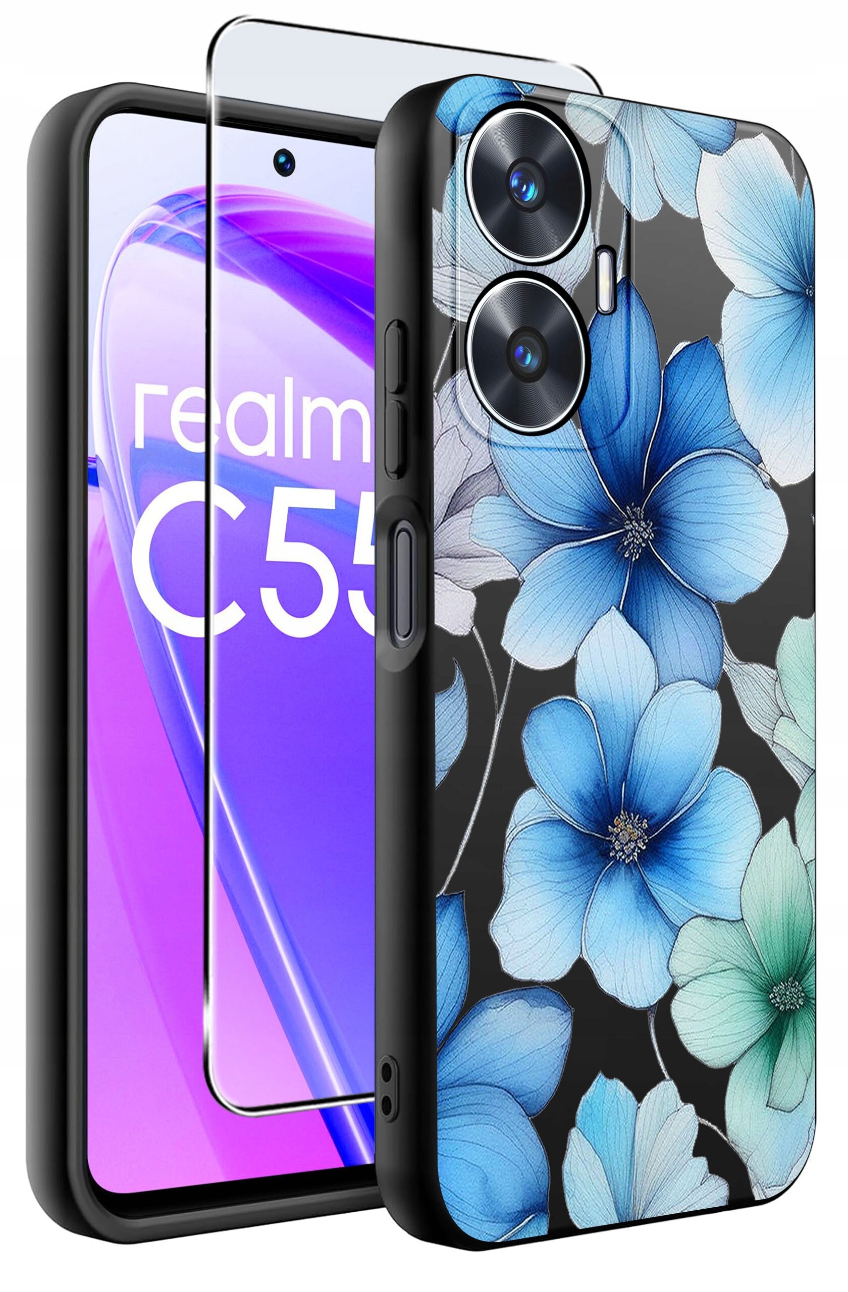 Obraz przedstawia etui na telefon z niebieskimi kwiatami oraz szkło ochronne. Na ekranie telefonu widoczny jest napis \'realme C55\'.