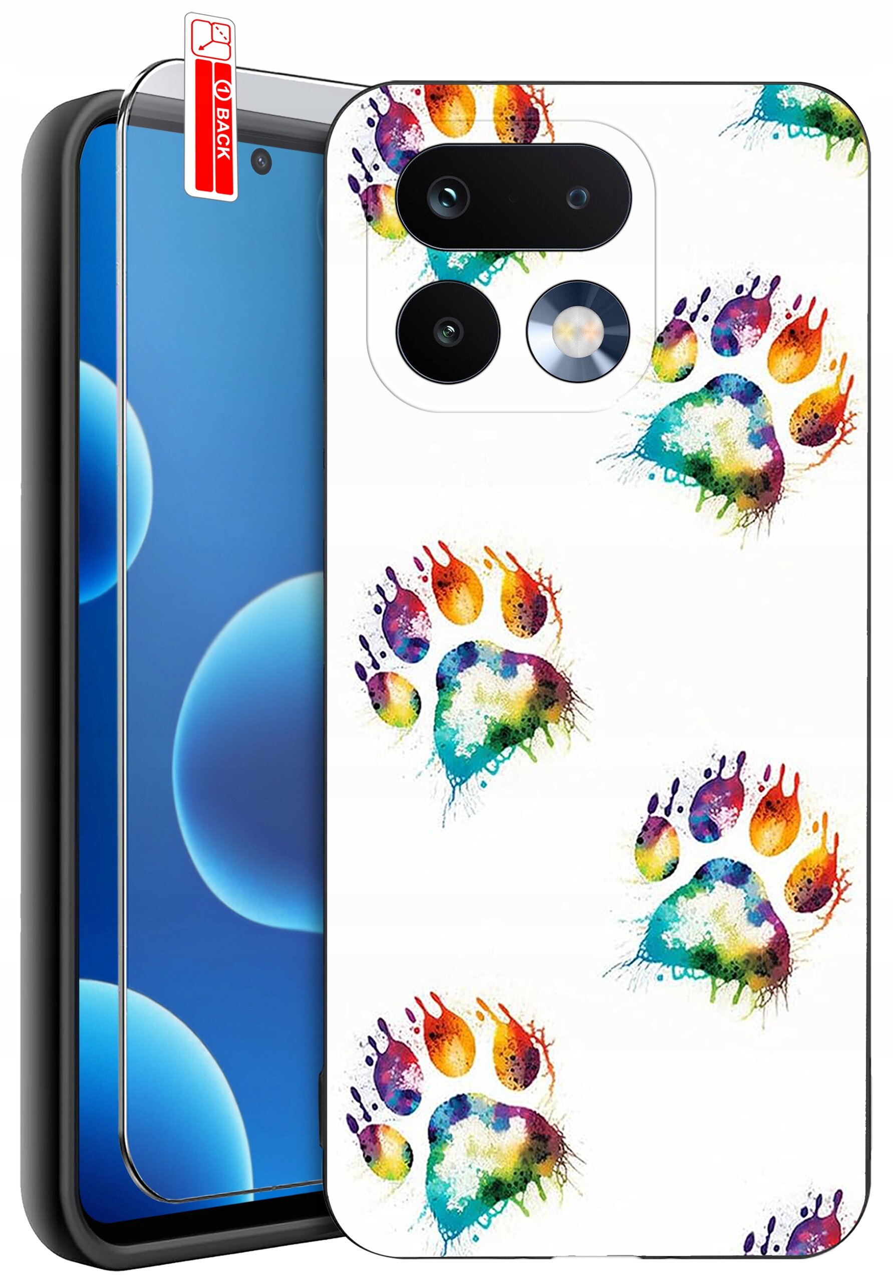 Etui na telefon z kolorowym wzorem łapek, obok widoczna jest szybka ochronna z napisem \'BACK\'.
