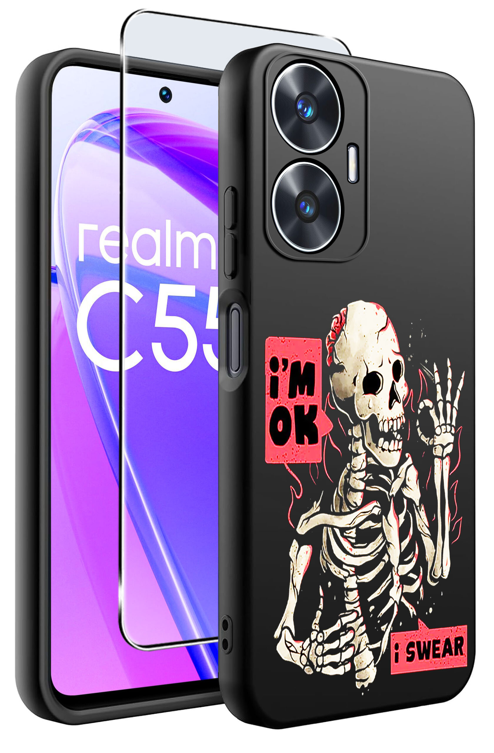 Obraz przedstawia czarne etui na telefon z grafiką szkieletu i napisami \'i\'m OK\' oraz \'i SWEAR\'. Obok etui znajduje się szkło ochronne, a w tle widoczny jest telefon z napisem \'realme C55\'.