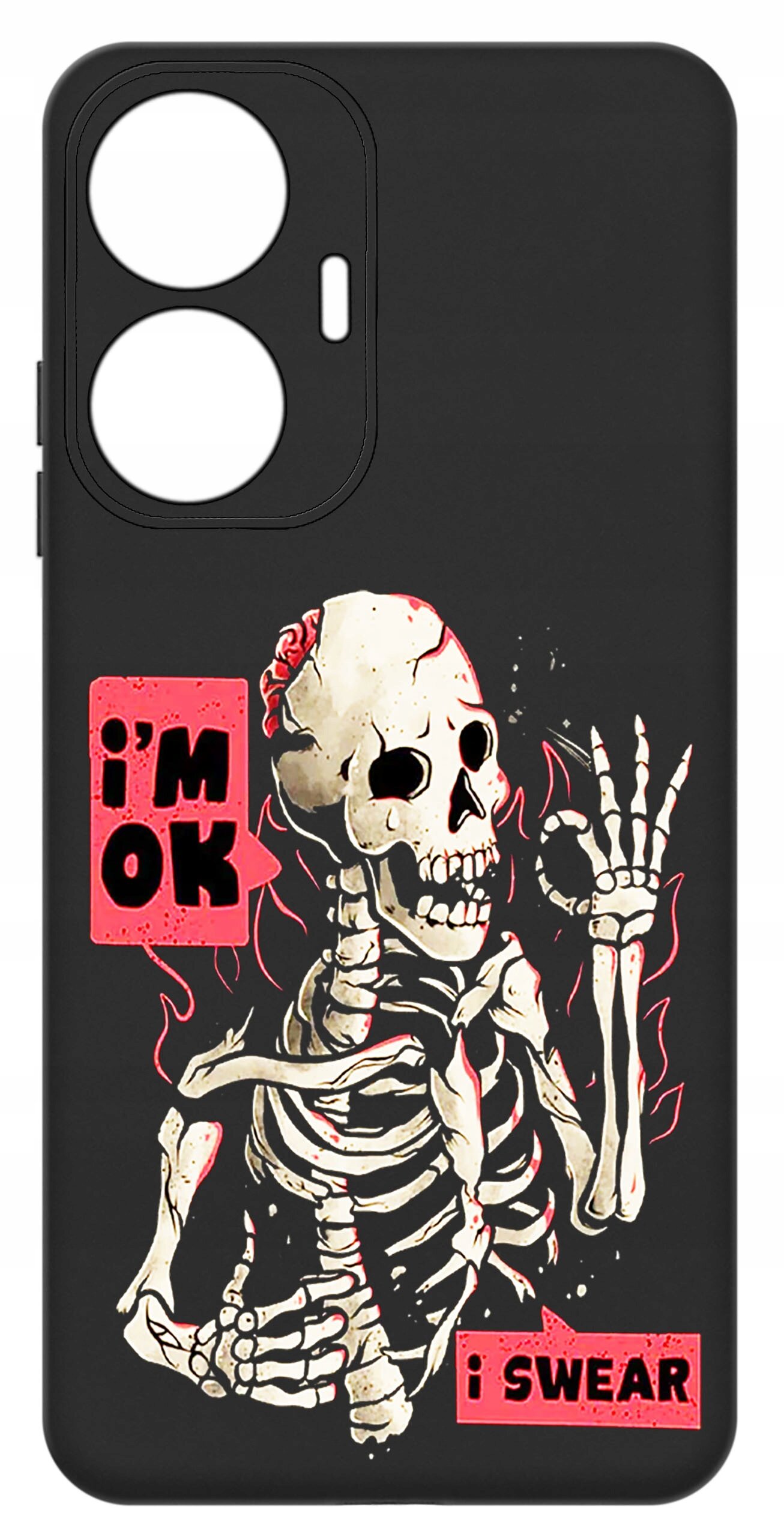 Czarne etui z nadrukiem szkieletu w otoczeniu płomieni, z tekstem \'i\'m OK\' oraz \'i SWEAR\' na czerwonych prostokątach.