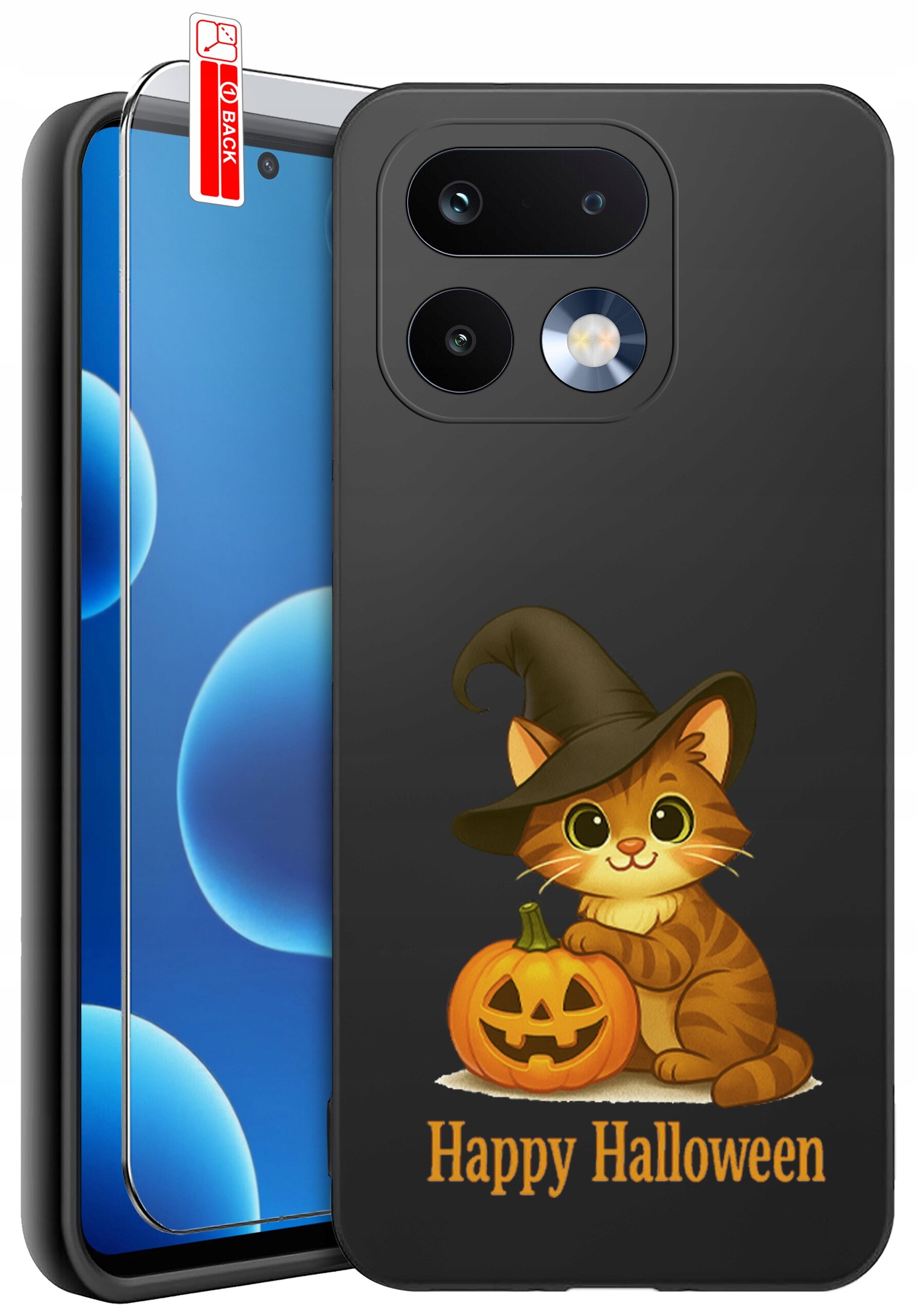 Etui na telefon z grafiką kota w kapeluszu czarownicy obok dyni oraz napisem \'Happy Halloween\'. Obok etui znajduje się szkło ochronne z oznaczeniem \'BACK\'.