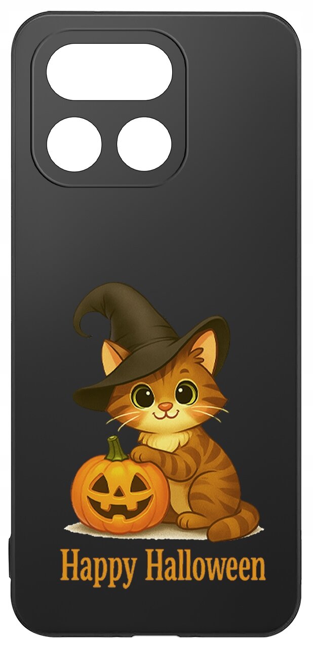 Czarne etui z grafiką kota w kapeluszu czarownicy, trzymającego dynię z wyciętym uśmiechem. Na dole widnieje napis \'Happy Halloween\'.